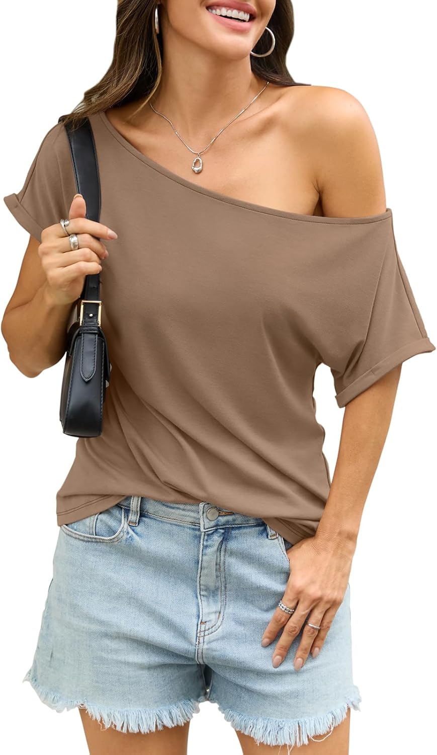 Womens Off Shoulder Tops Sexy Short Sleeve Shirts Rolled Sleeve Loose T Shirts Summer Going Out Clothes 2026