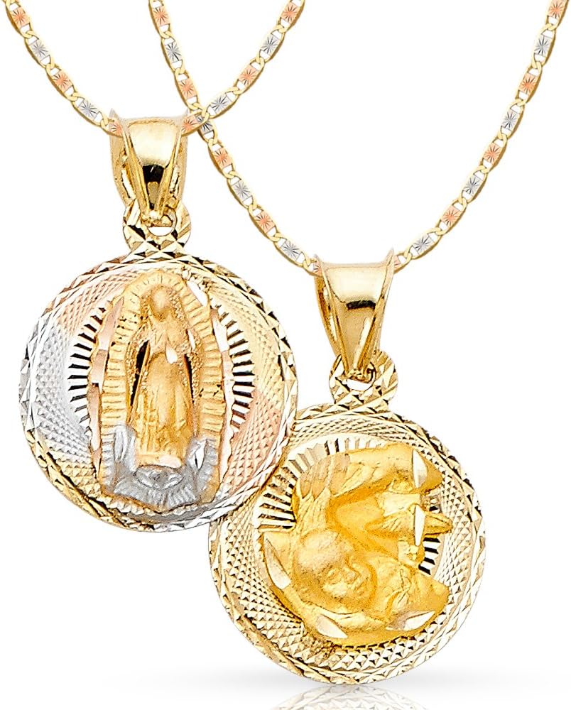 14K Gold Double Side Stamp Virgin Mary Guadalupe Pendant with 1.5mm Valentino Chain Necklace
