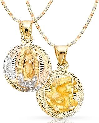 Ioka 14K Gold Double Side Stamp Virgin Mary Guadalupe Pendant with 1.5mm Valentino Chain Necklace