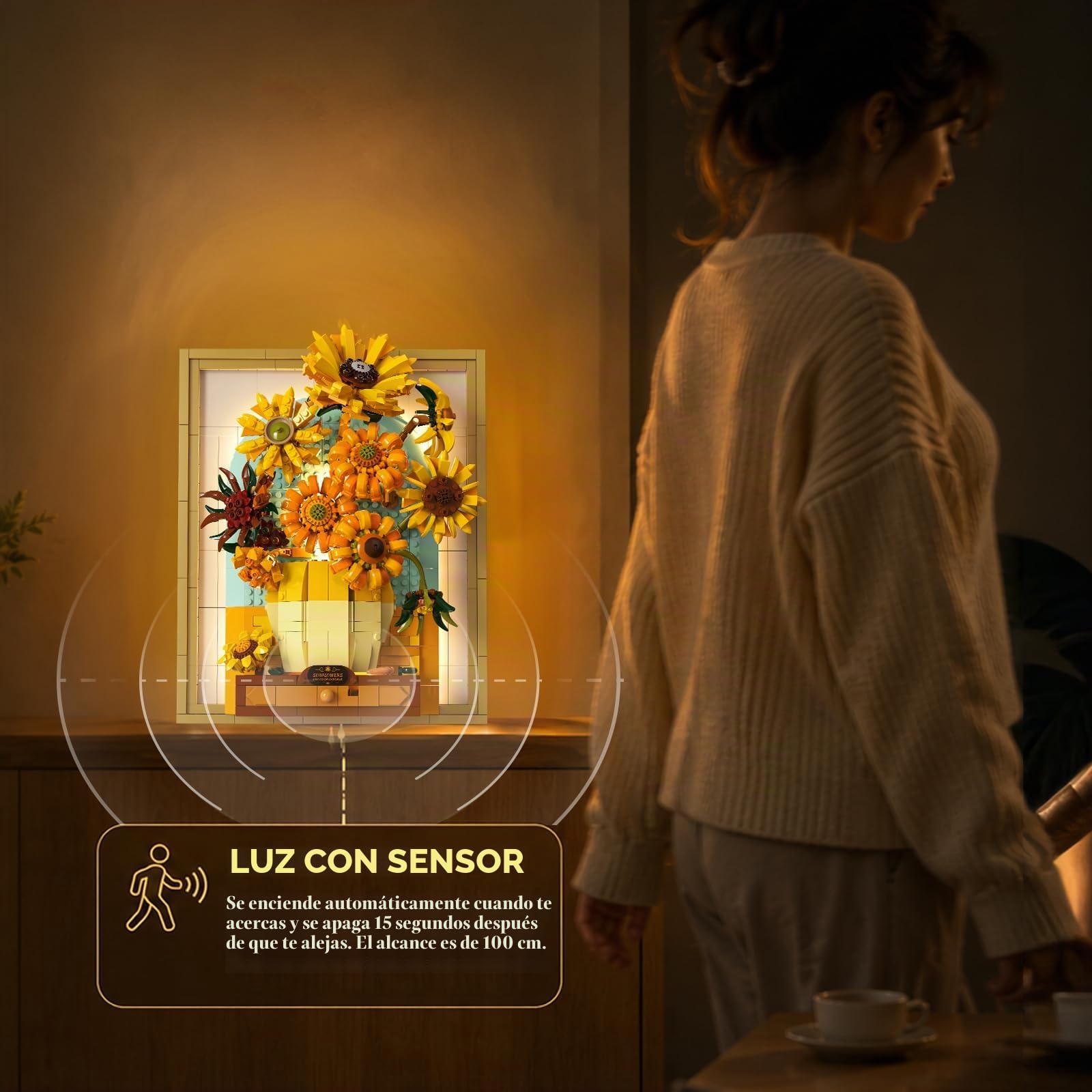 JMBricklayer Juego de construcción de flores de girasol para adultos con luces 70004, Van Gogh, ideas de arte de pared, ramo de flores, marco de pintura para decoración de habitación, ideas de regalos