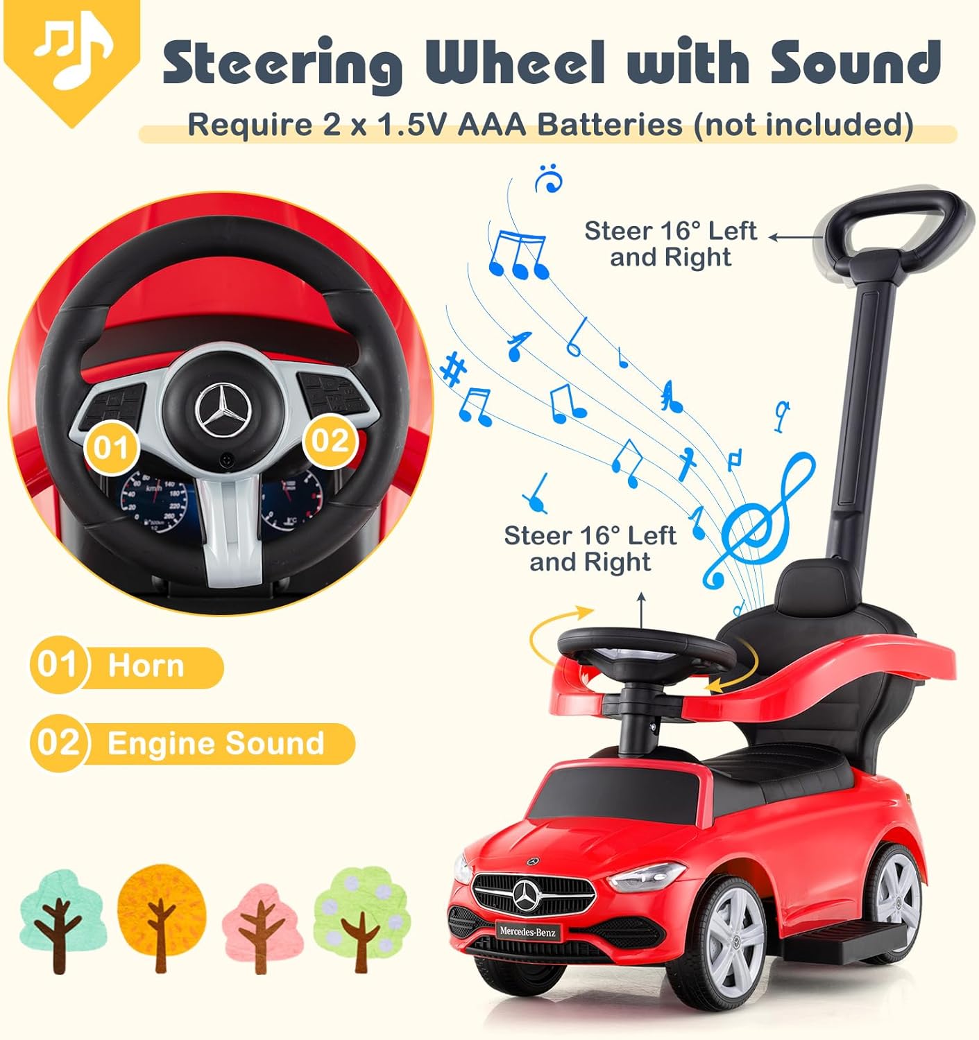 Image showing the steering wheel with sound features, including horn and engine sound buttons, and indicating that it requires 2 x 1.5V AAA batteries.