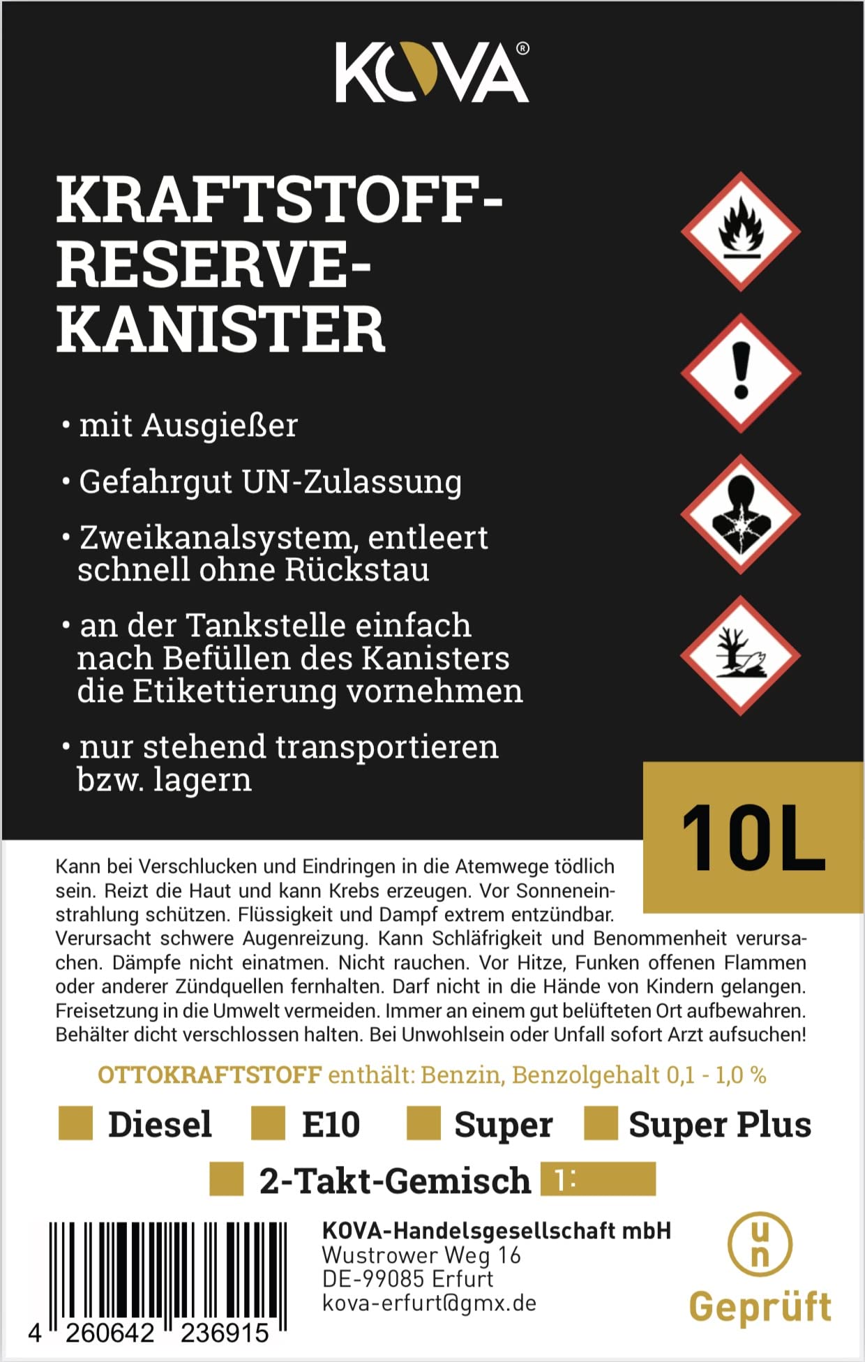 KOVA 4x Benzinkanister 10L SCHWARZ Kunststoff Dieselkanister Reservekanister Kraftstoffkanister 10 Liter Wasserkanister für Benzin Diesel Wasser AdBlue 10-Liter-Kanister & Außgießer 10 ltr Petrol Can