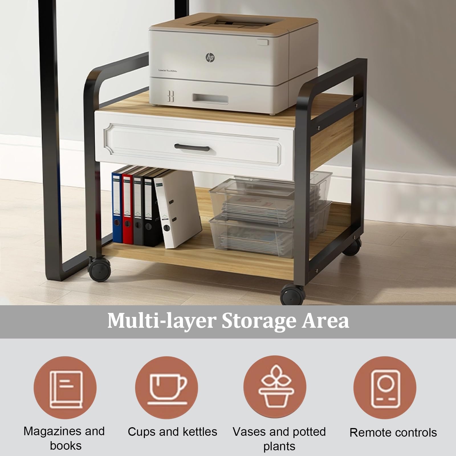 Soporte para impresora debajo del escritorio con cajón de almacenamiento, gabinete de impresora rodante con ruedas, estantes abiertos para copiadora y escáner, mesa compacta para impresora de carrito