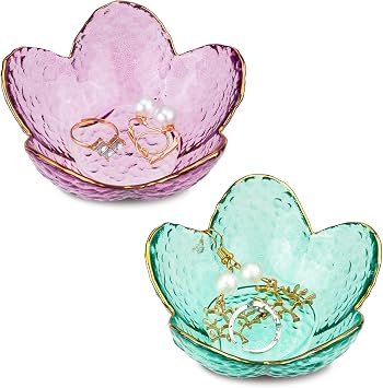 2Pcs Flower Shape Jewelry Tray, Small Glass Jewelry Dish, Room Aesthetic Ring Dish, Engagement Ring Holder for Women, Bathroom Trinket Tray for Rings Earrings Wife Mom Daughter Gift