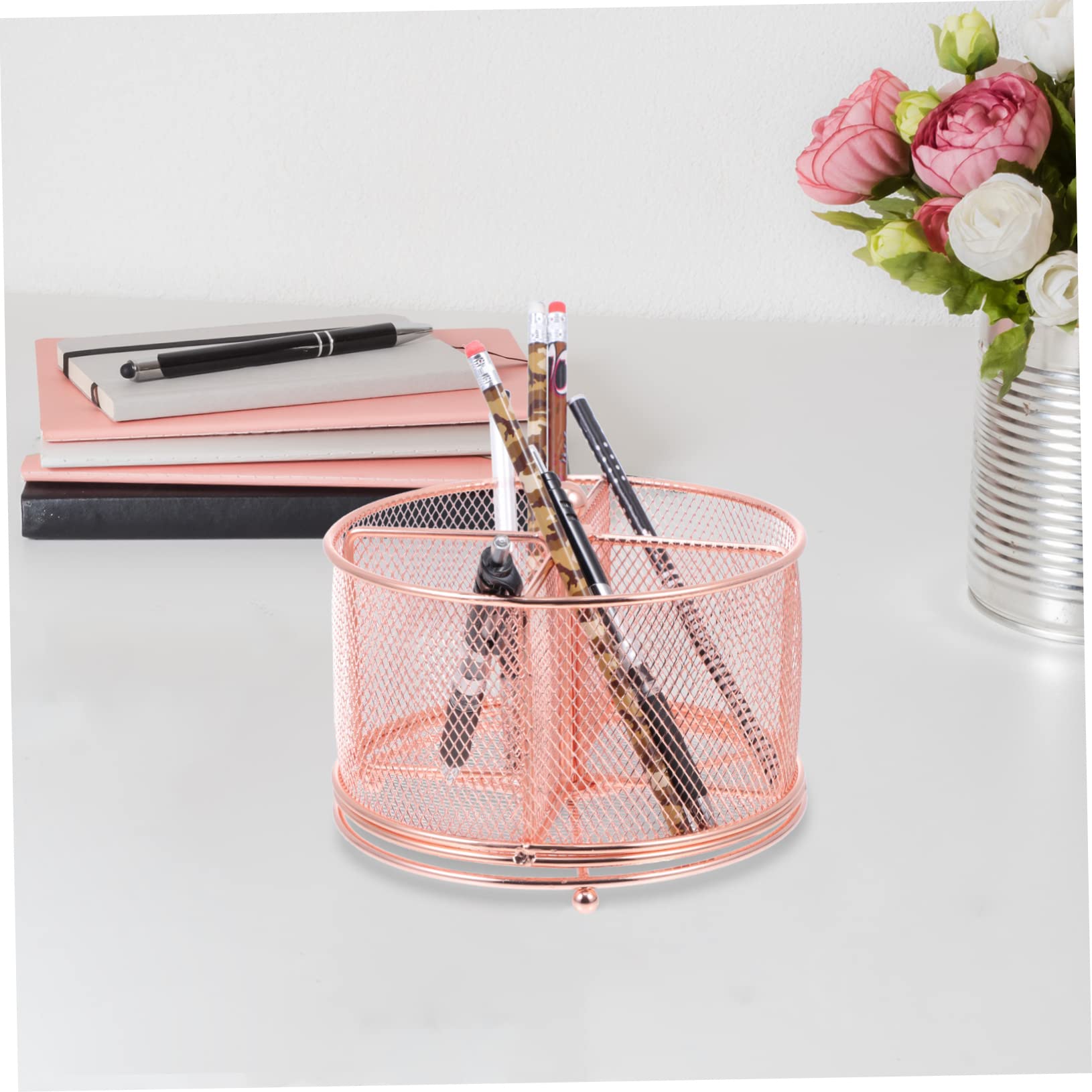 NUOBESTY Organizer Da Scrivania Girevole in Ferro Multifunzione Portapenne Da Scrivania Compatto in Oro Rosa