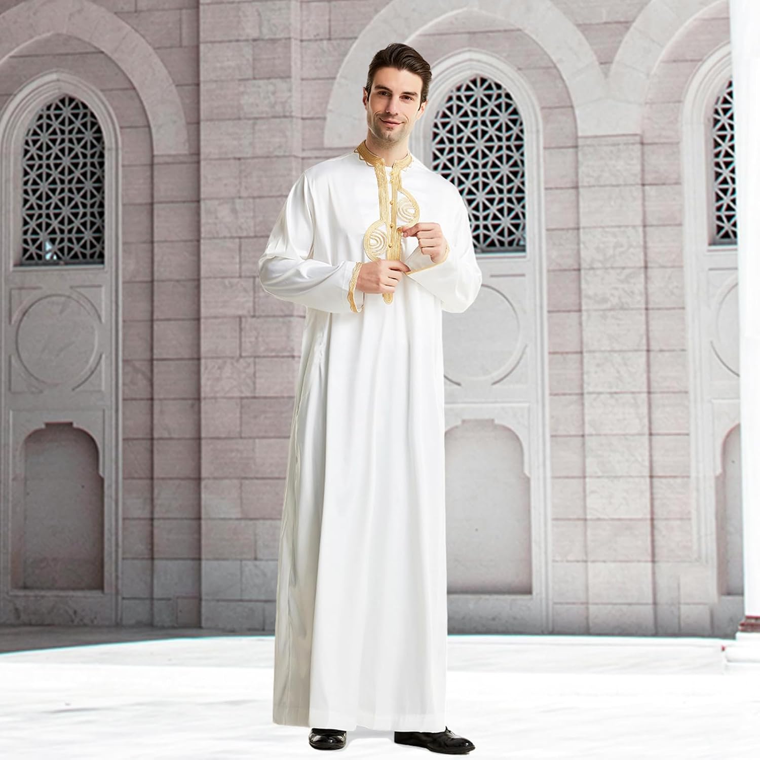 zhxinashu Thobe for Men Islam Long Sleeve Mens Kaftan Thobe Muslim Men Clothing