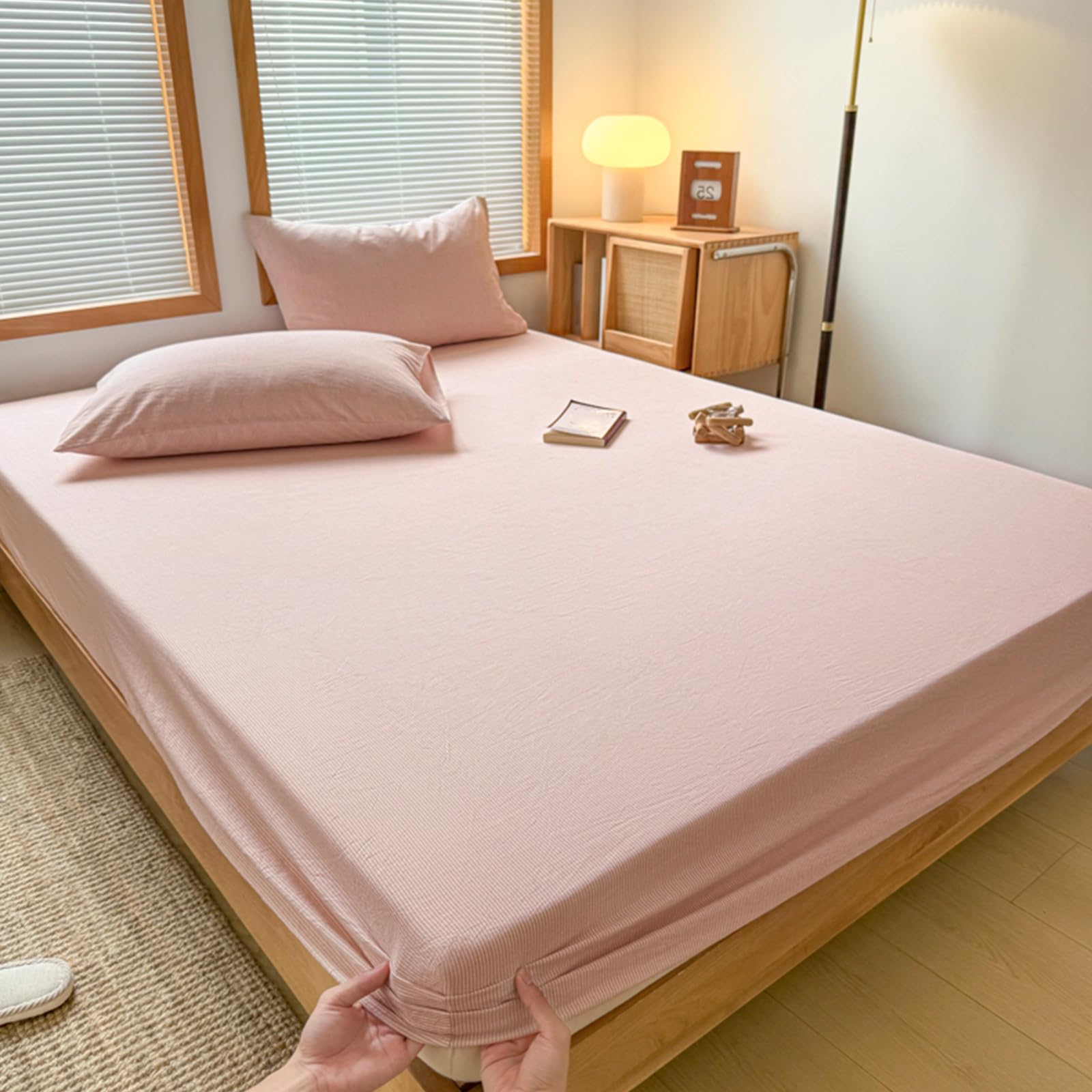 Drap housse 120x200 rayures roses en coton respirant avec ses taies