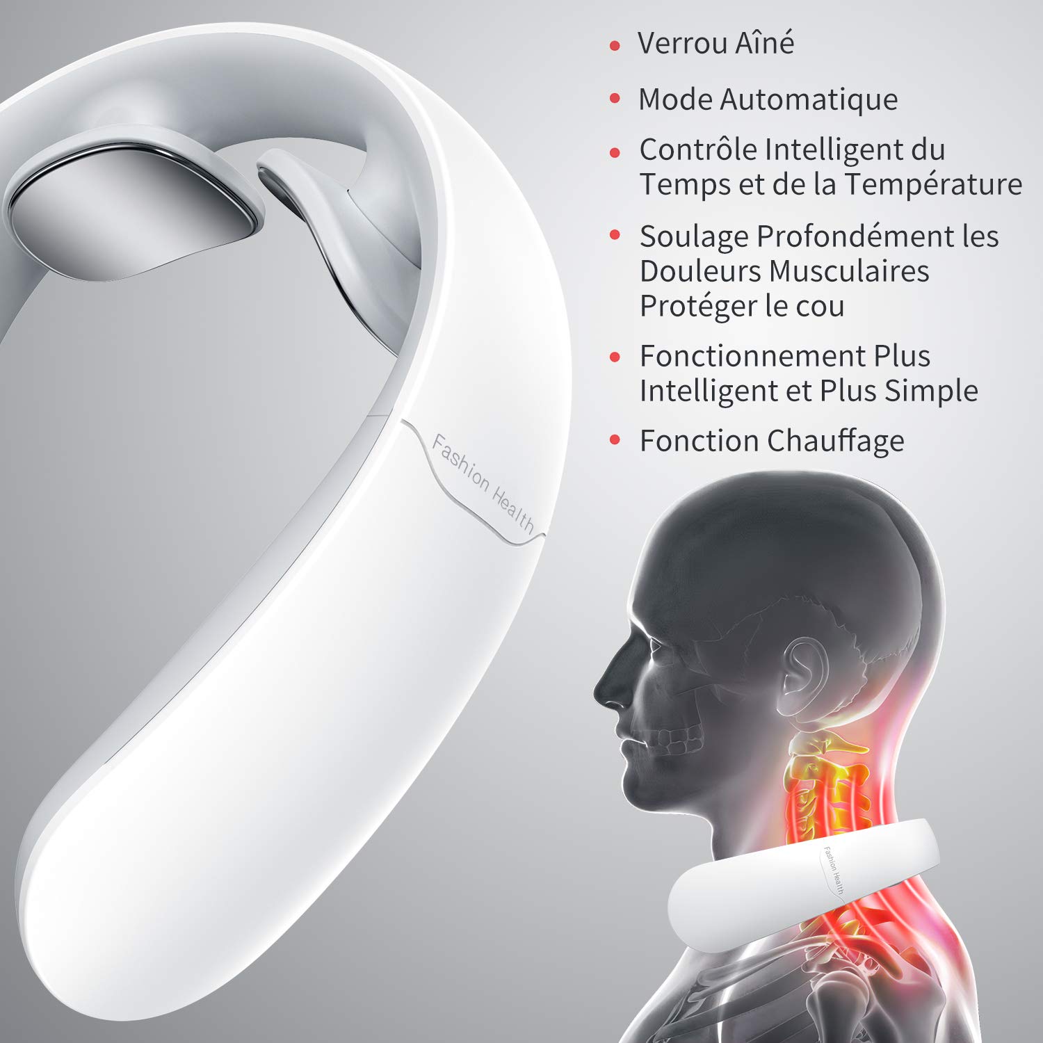 Masseur De Cou Multifonction, Masseur De Cou à Impulsions électromagnétiques, Soulage Les Douleurs Musculaires Du Cou, Portable, Convient Pour La Maison, Le Bureau, La Conduite,Les Voyages (Blanc)
