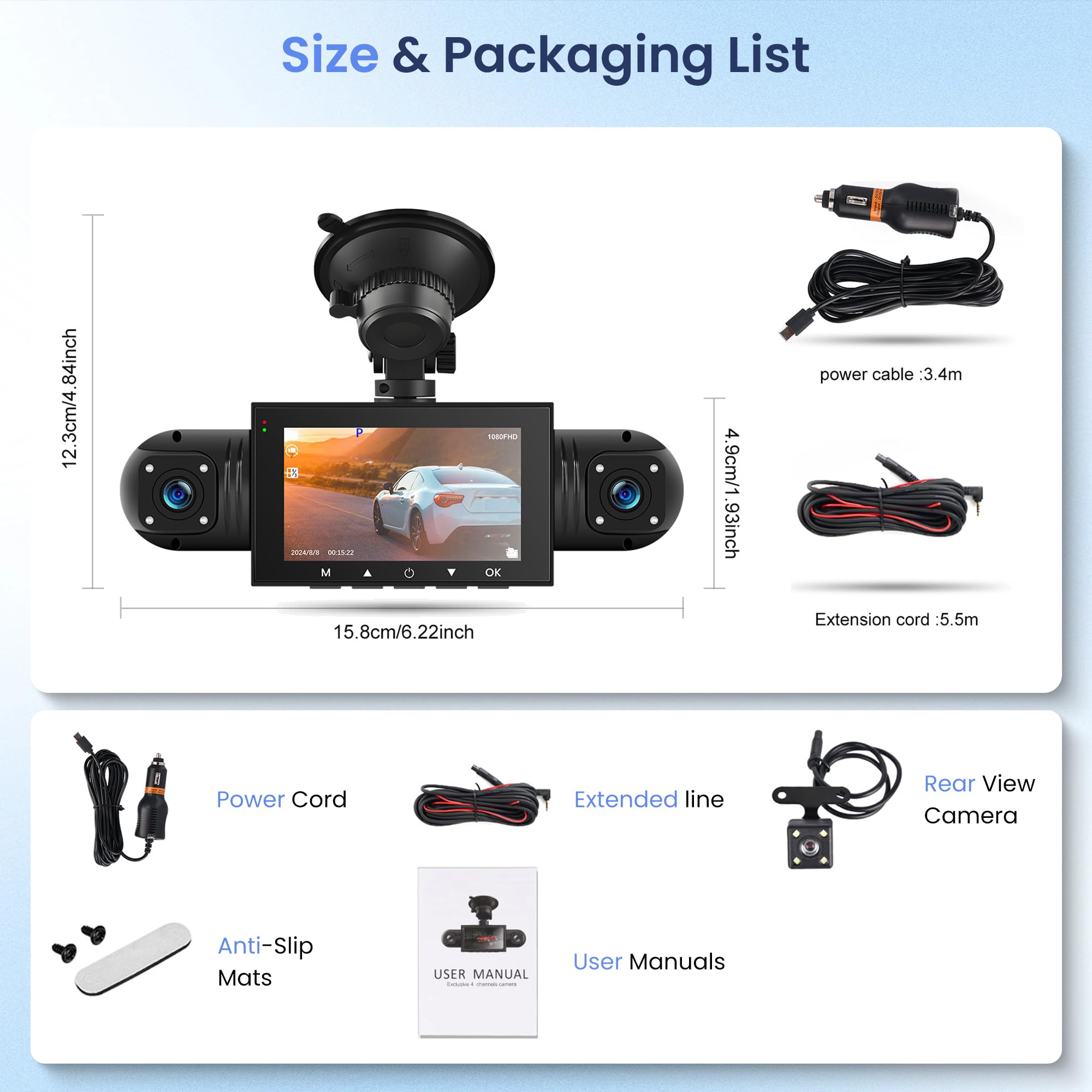 Rimoody Dashcam para Coche 4 Canales 360°, 3 Pulgadas Pantalla IPS, Visión Nocturna, Cuatro Cámaras, Detección de Gravedad, Monitoreo de Estacionamiento, Grabación en Bucle, Compensación de Exposición