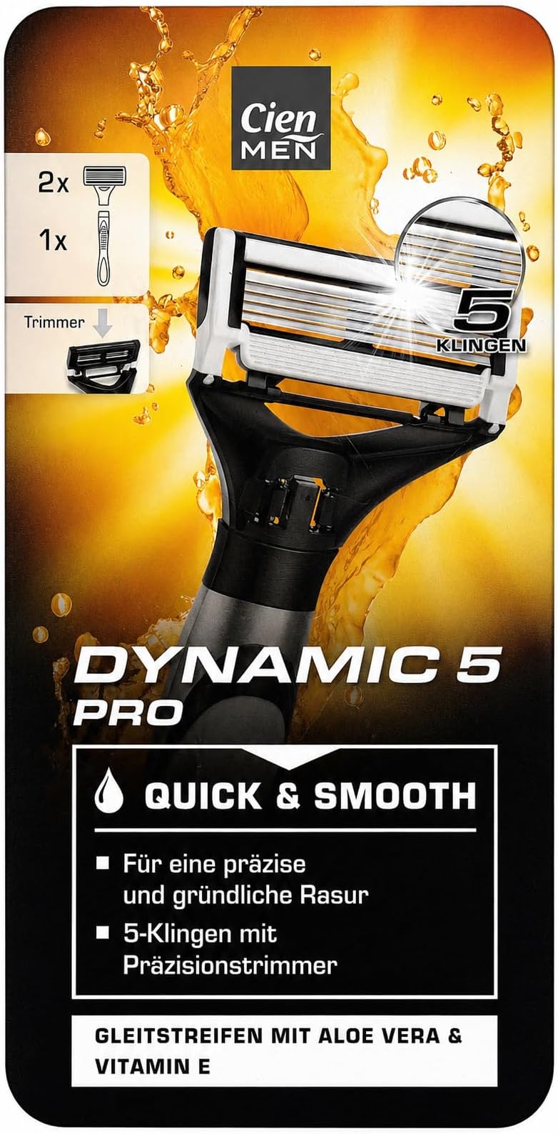 Lidl Cien Men - Dynamic 5 Pro Razor | 1 Handle + 1 Refill | Lubricating Strip with Vitamin E | Old model 2024 not compatible with newer razor blades. 1 x razor handle with 2 × 5 blade replacement cartridges