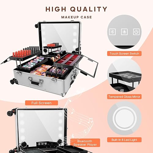 Miniatura 3 de Caja de aluminio del tren del maquillaje de la carretilla con la luz LED cosmética profesional 24 '' maquillaje organizador estudio, plateado, Moda
