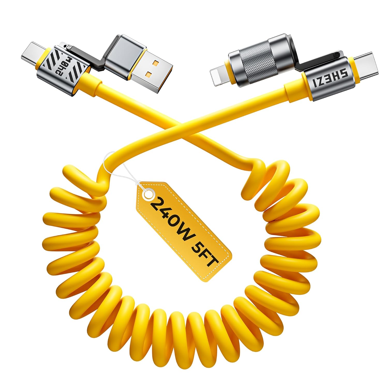 Coiled Cable 4-in-1 USB C Cable 240W Compatible with Lightning Cable Fast Charging & Data Transfer, Support to CarPlay & Android Auto, 5FT Multi Cord Combo Charger for iPhone/iPad