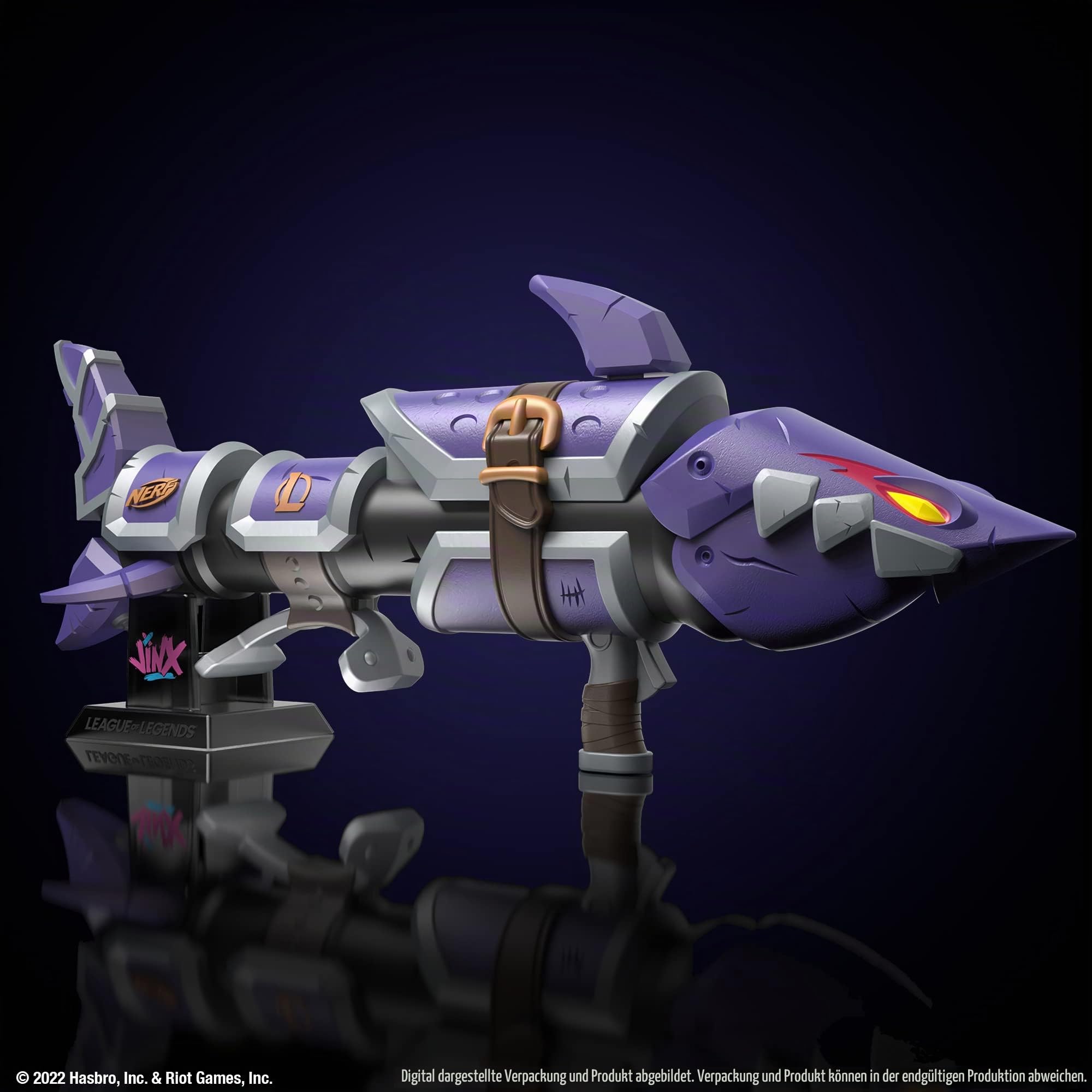 Nerf LMTD League of Legends Jinx Fishbones Blaster, 18 Dart-Trommel, 18 Nerf Elite Darts, 3er Dart-Abschuss, Display-Ständer