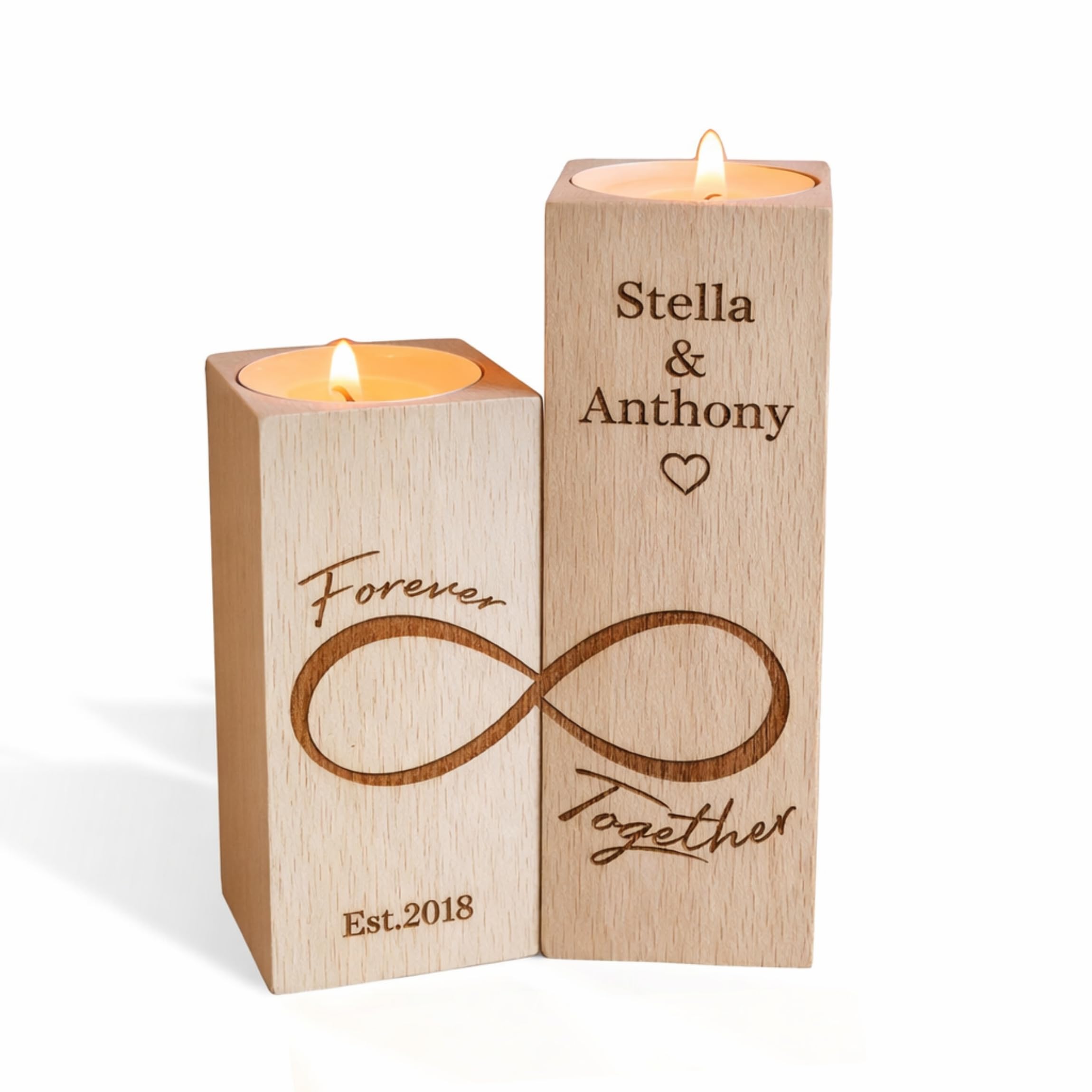 Personalized Wooden Candle Holder – Infinity Symbol, Engraved Heart, Custom Names and Date, Wedding