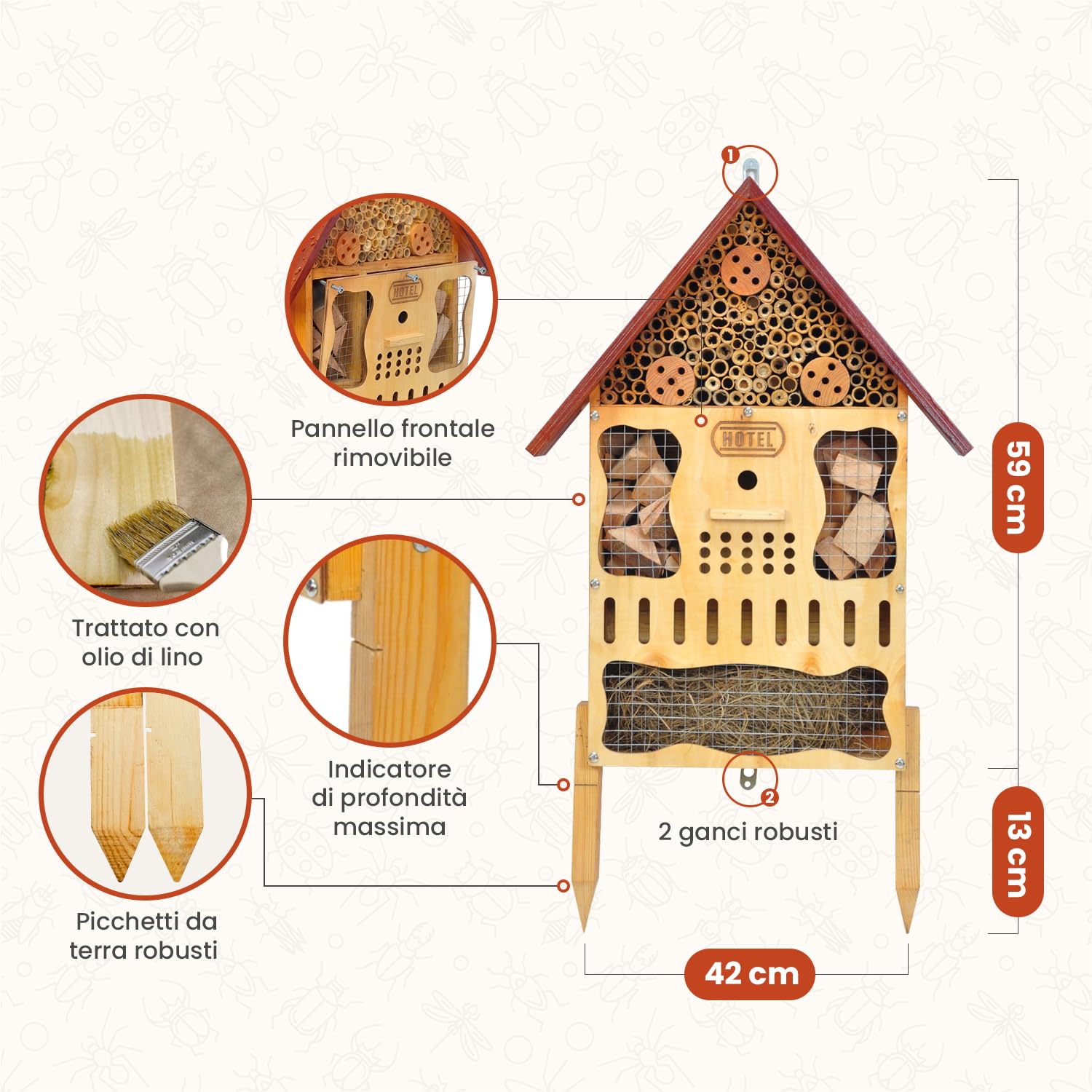 Hotel per insetti grande, resistente alle intemperie, XXL, in legno, con picchetto, da appendere o appoggiare, con piastra frontale rimovibile e piedini