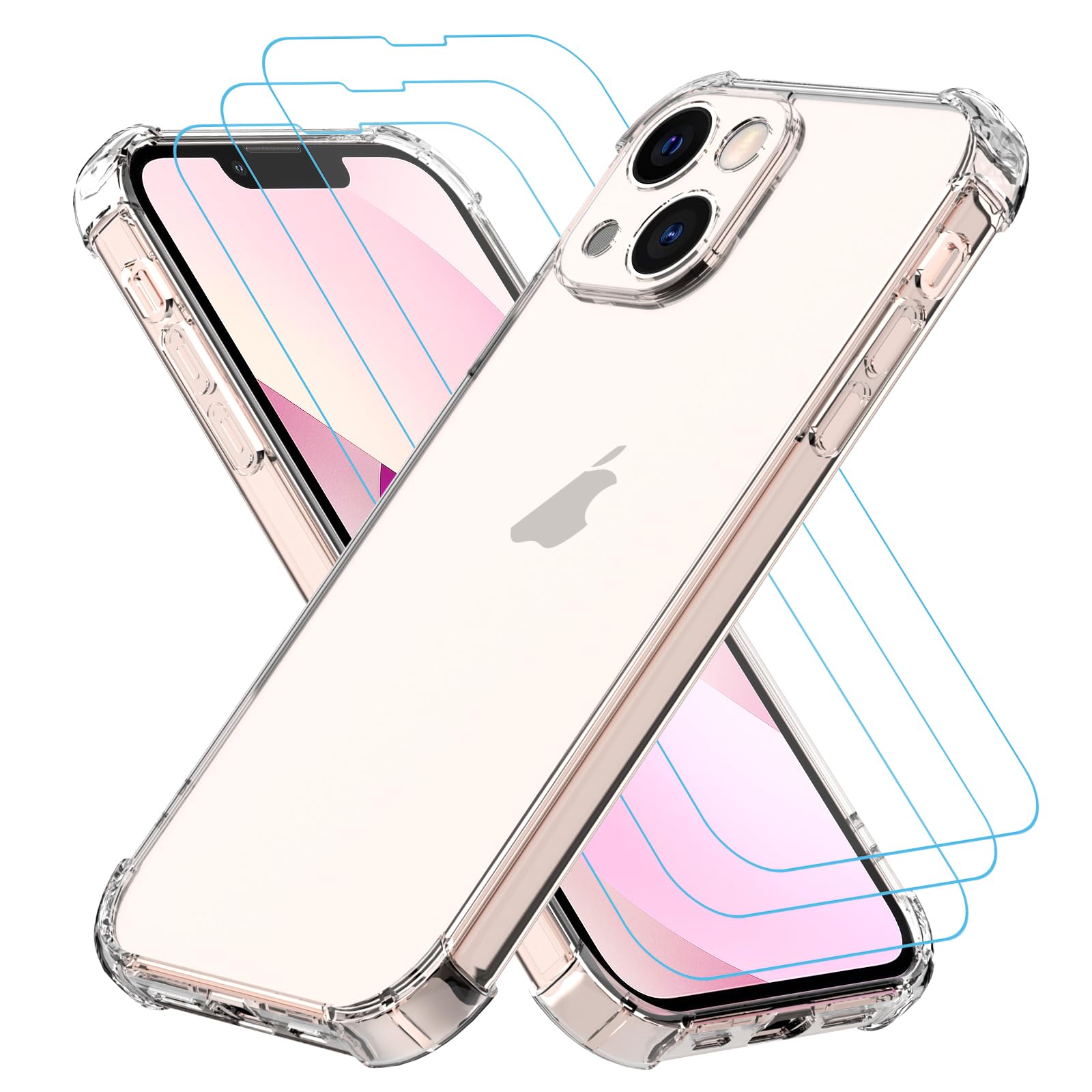 Tentoki 3 in 1 Cover e Vetro Temperato per iPhone 13 Mini, [Cuscino d'Aria Integrato] TPU Custodia Protettiva Antiurto Ultrasottile,previene l'ingiallimento,pellicola iPhone 13Mini,Trasparente