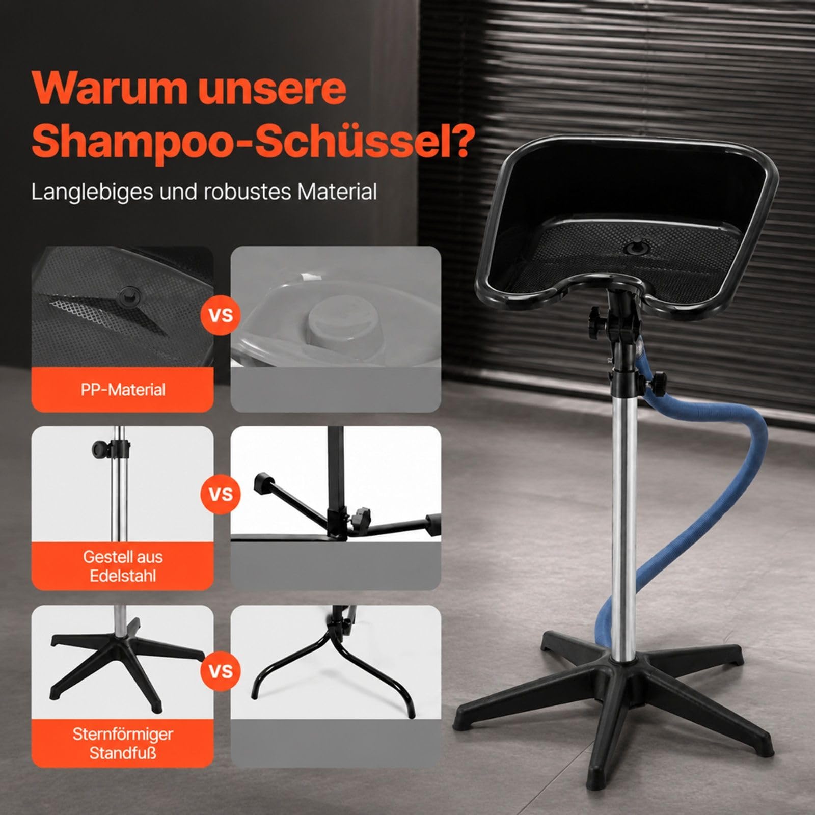 Mobiles Haarwaschbecken mit Standfuß, höhen- und winkelverstellbar, Ablaufschlauch für Friseursalon und Barbershop