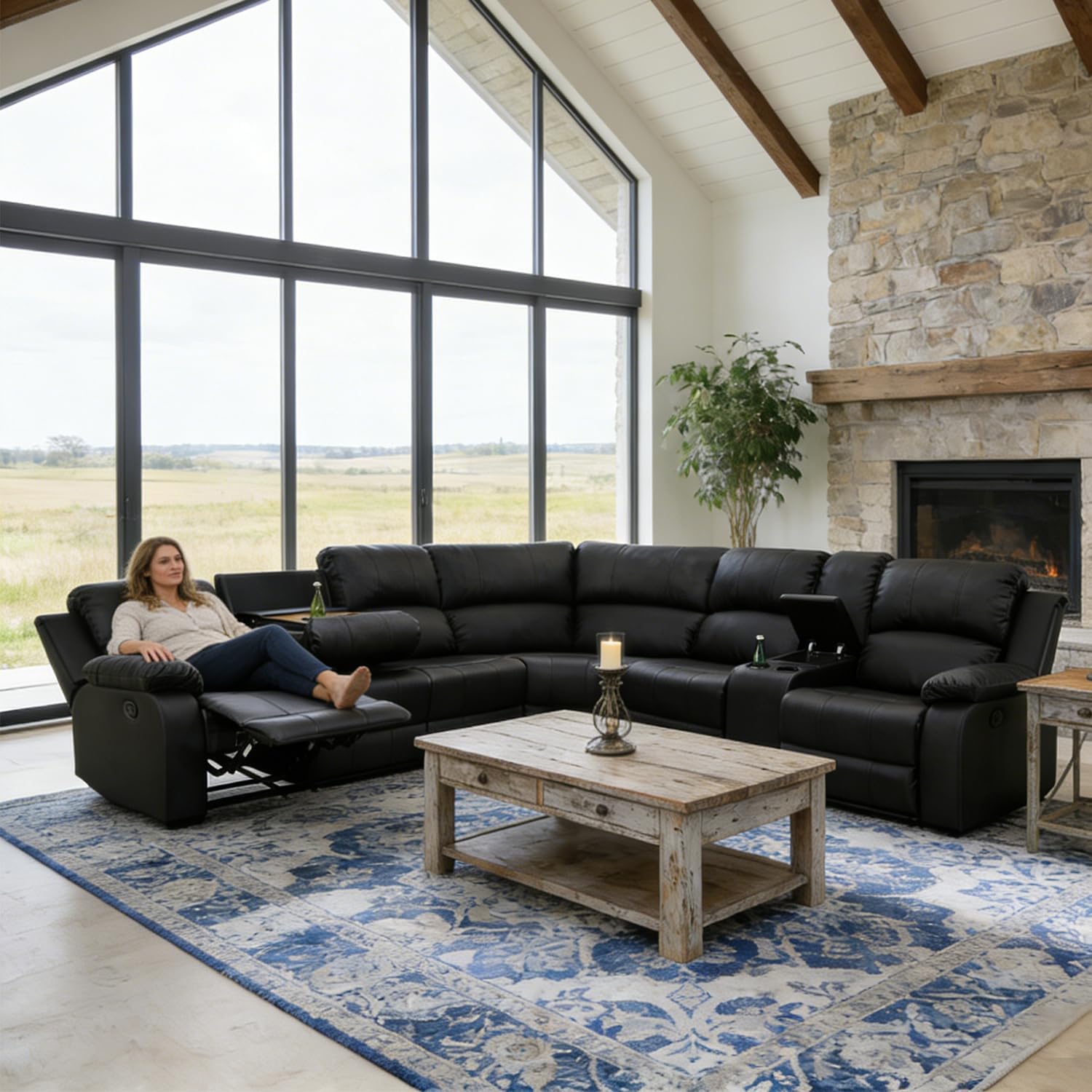 Manual Reclining Sectional Sofa Set, Living Room Furniture Sets, 6 Seats Leather Recliner Corner Sectional Couch with Cup Holders, Storage Console for Office/Home Theater (Black)