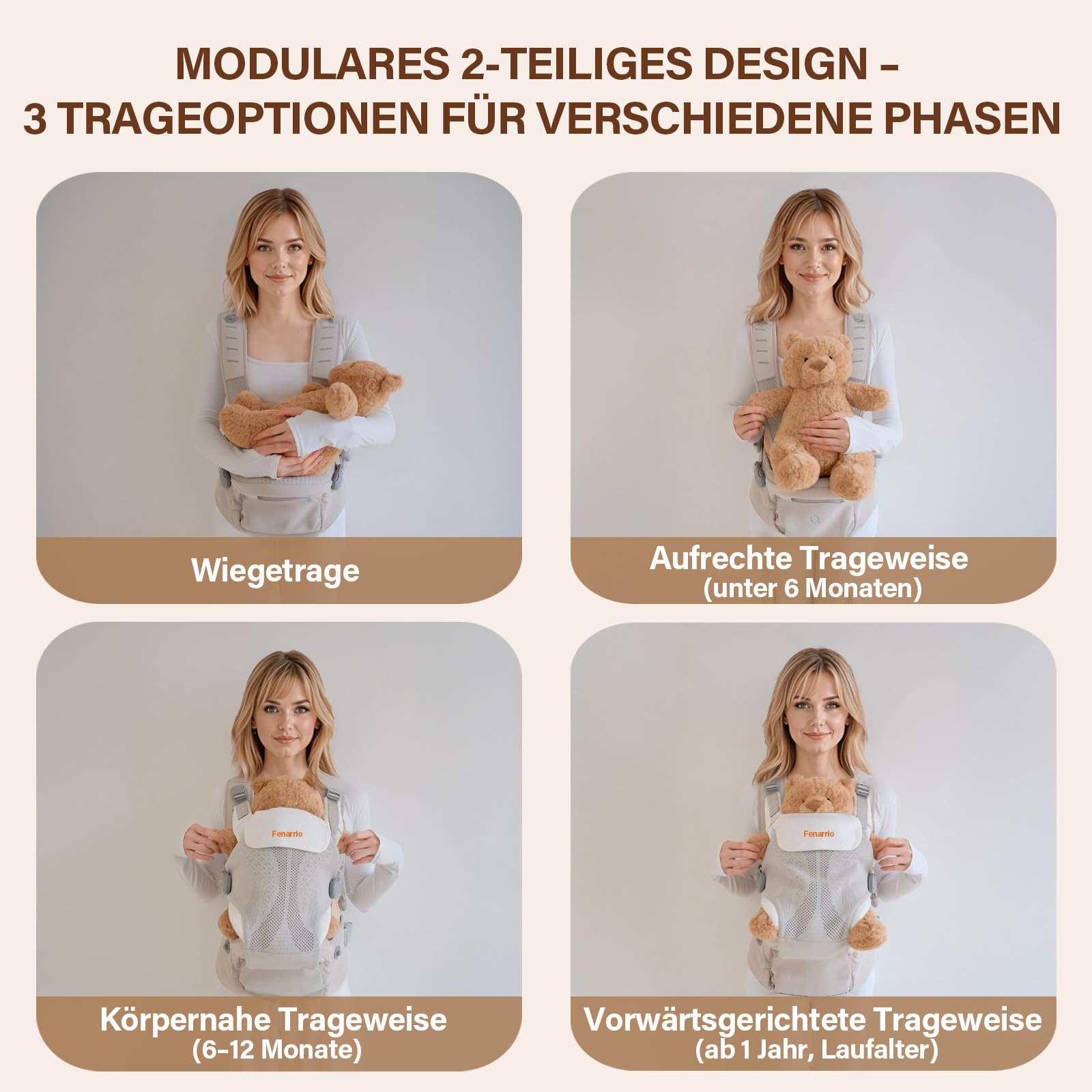 Ergonomische Babytrage mit Hüftsitz, 4D-Gitterpolsterung, Modulares 2-teiliges Tragesystem, Front-Magnetverschluss, Atmungsaktiv, Für verschiedene Tragepositionen Beige