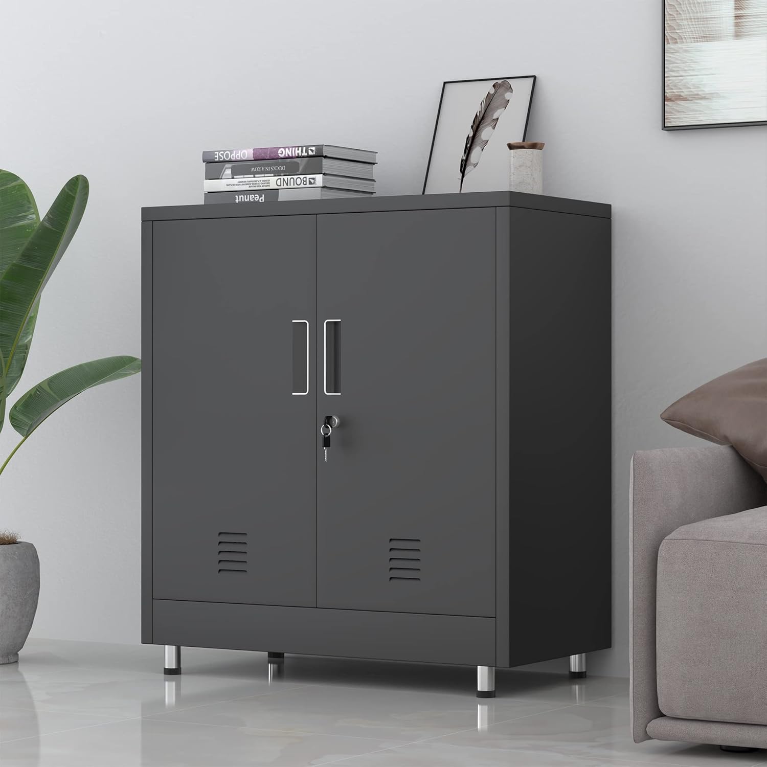JINGUR Metal Storage Cabinet with Locking Doors and Adjustable Shelf, Small Lockable Sideboard Buffet Cabinet for Home Office Hallway Entryway Living Dining Room (Black)