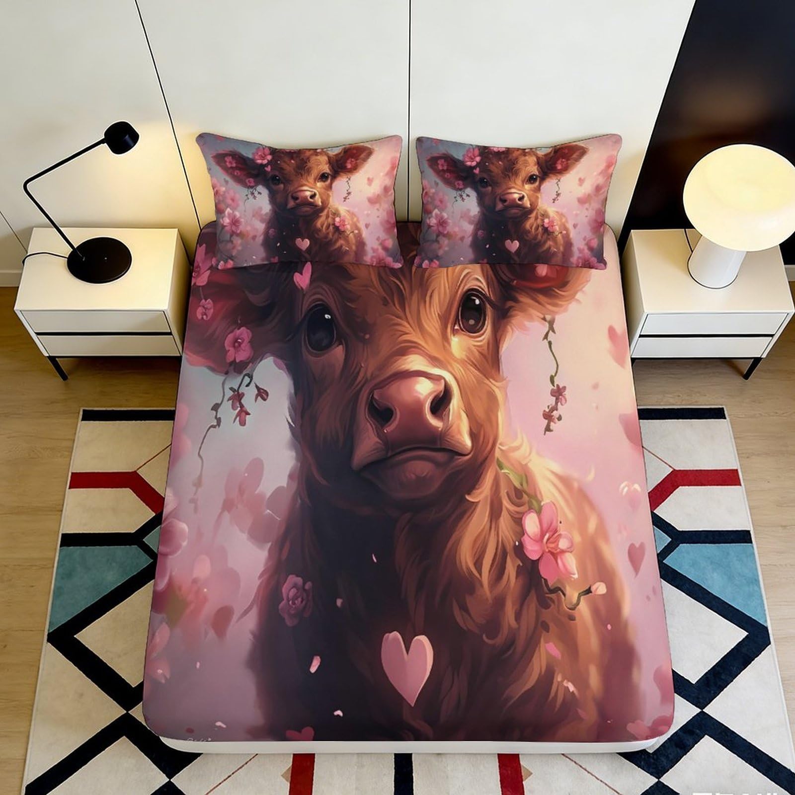 Wtorimpel Style-9 3D Printed Cow Pattern Fitted Sheet Microfiber Deep Pocket Non-Slip Bedroom Bedding Cow Mattress Fitted Cover Washable For Adults 200X200x25cm