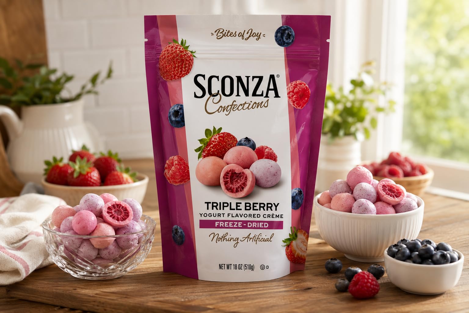 Sconza Triple Berry Freeze-Dried Berries Covered in Yogurt Flavored Crème, Strawberry Blueberry Raspberry Candy Snack, Resealable Bag, 18 oz thumbnail 8