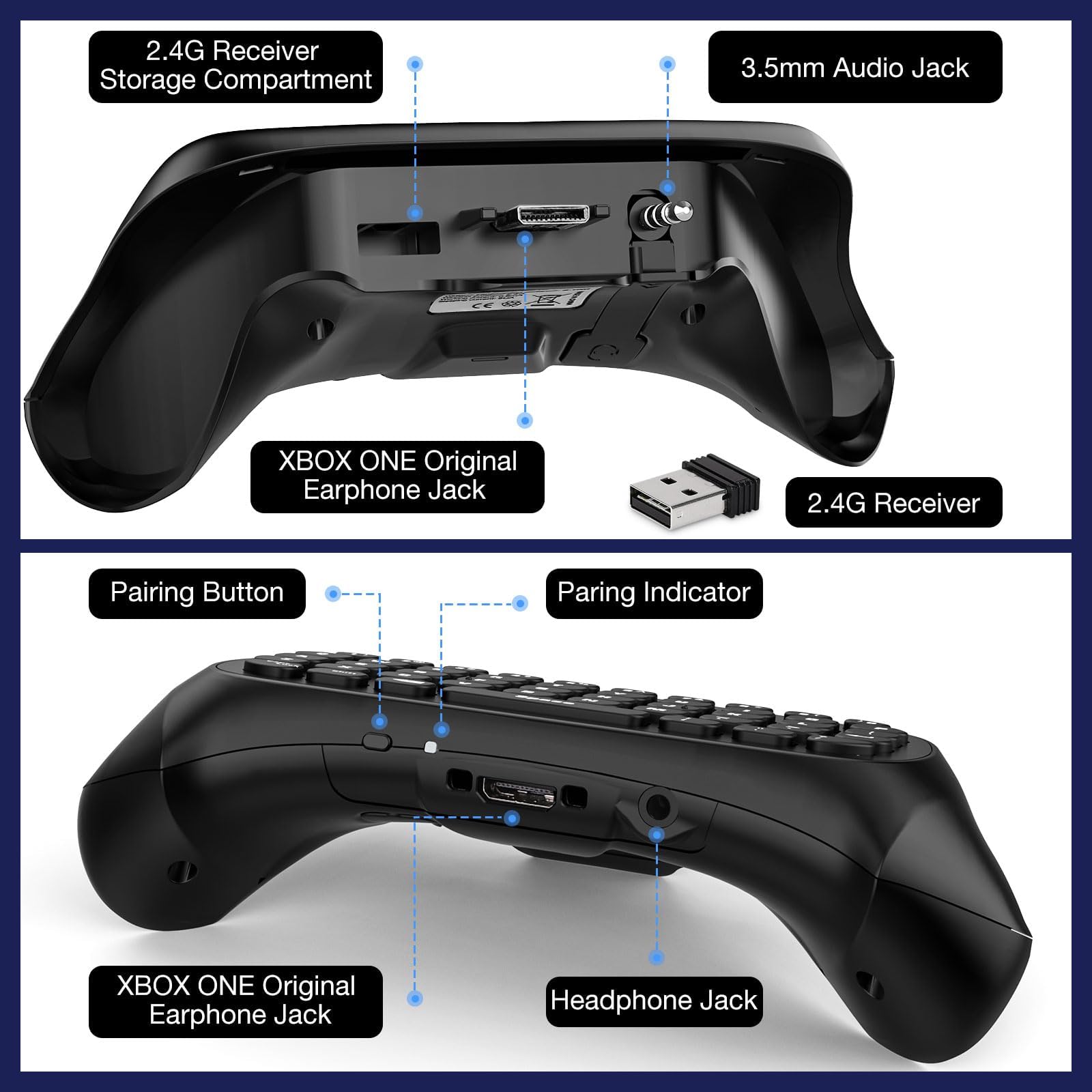 MoKo Xbox One Clavier en Anglais à Rétroéclairage Vert, Manette de Jeu Récepteur 2.4G Casque Prise Jack Audio pour Xbox S/Elite/Series X/S 2020, Anthracite Noir