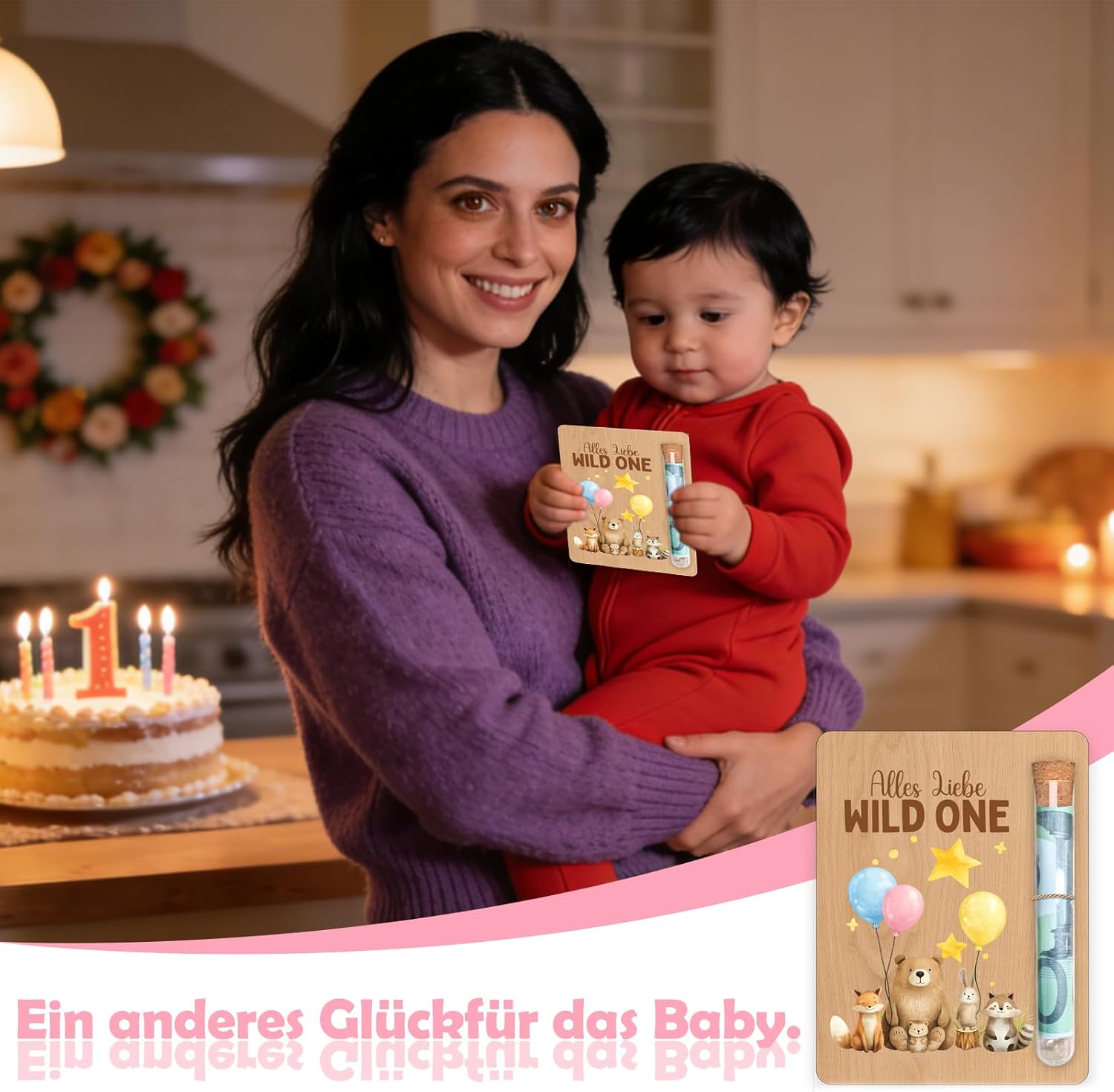 1st Birthday Boy Money Gift Wooden with Test Tubes