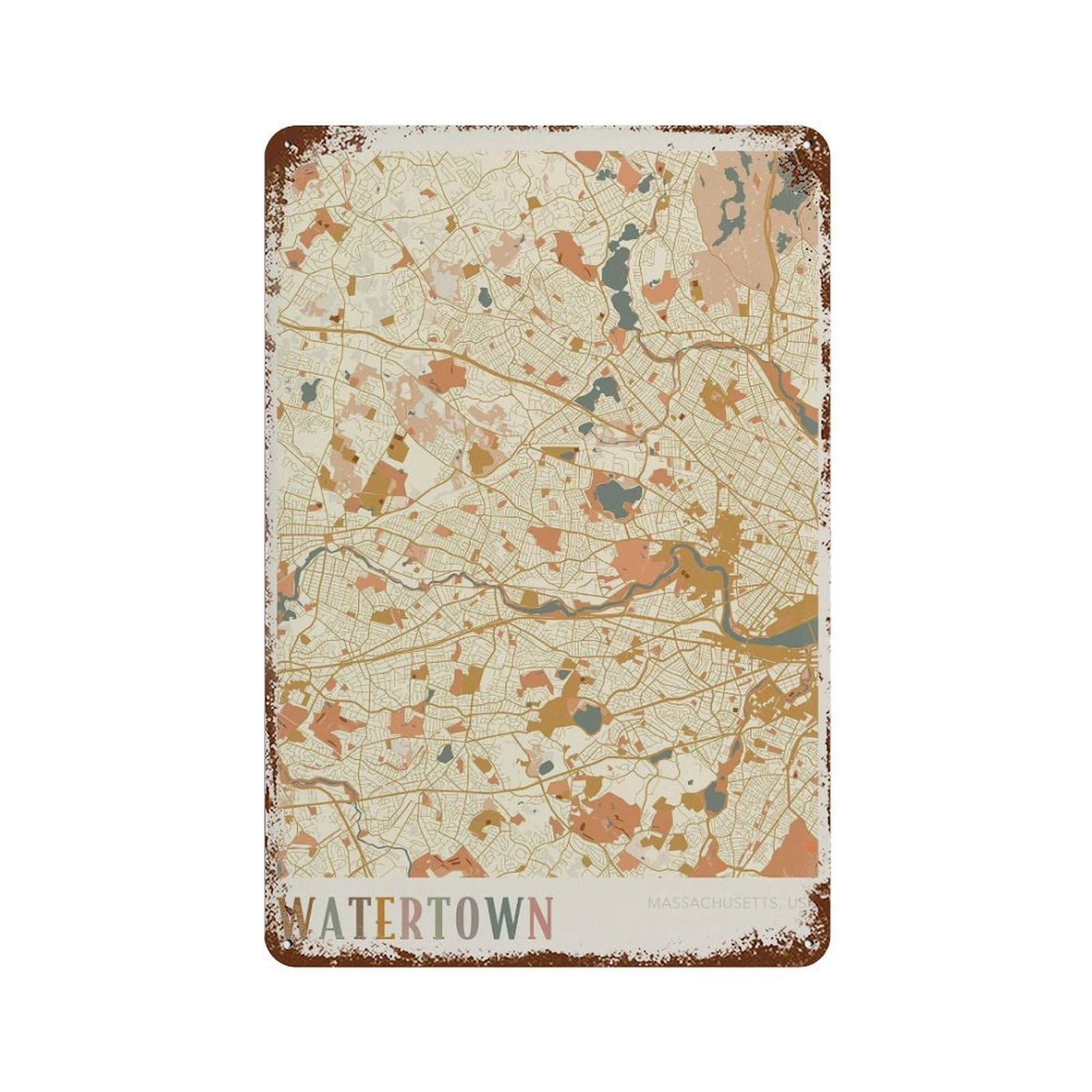 xiaoxiaoshen Watertown Map Massachusetts Travel Gift Boho Wall Decor Art Metal Tin Poster Modern Home Decor Art Home Bar Shop Decorations Vintage Sign 30x20cm