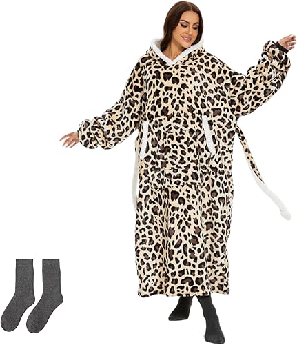 Sudadera con capucha de gran tamaño, manta de lana compuesta de franela, gruesa, cálida, unisex, acogedora manta con capucha, Leopardo Prin