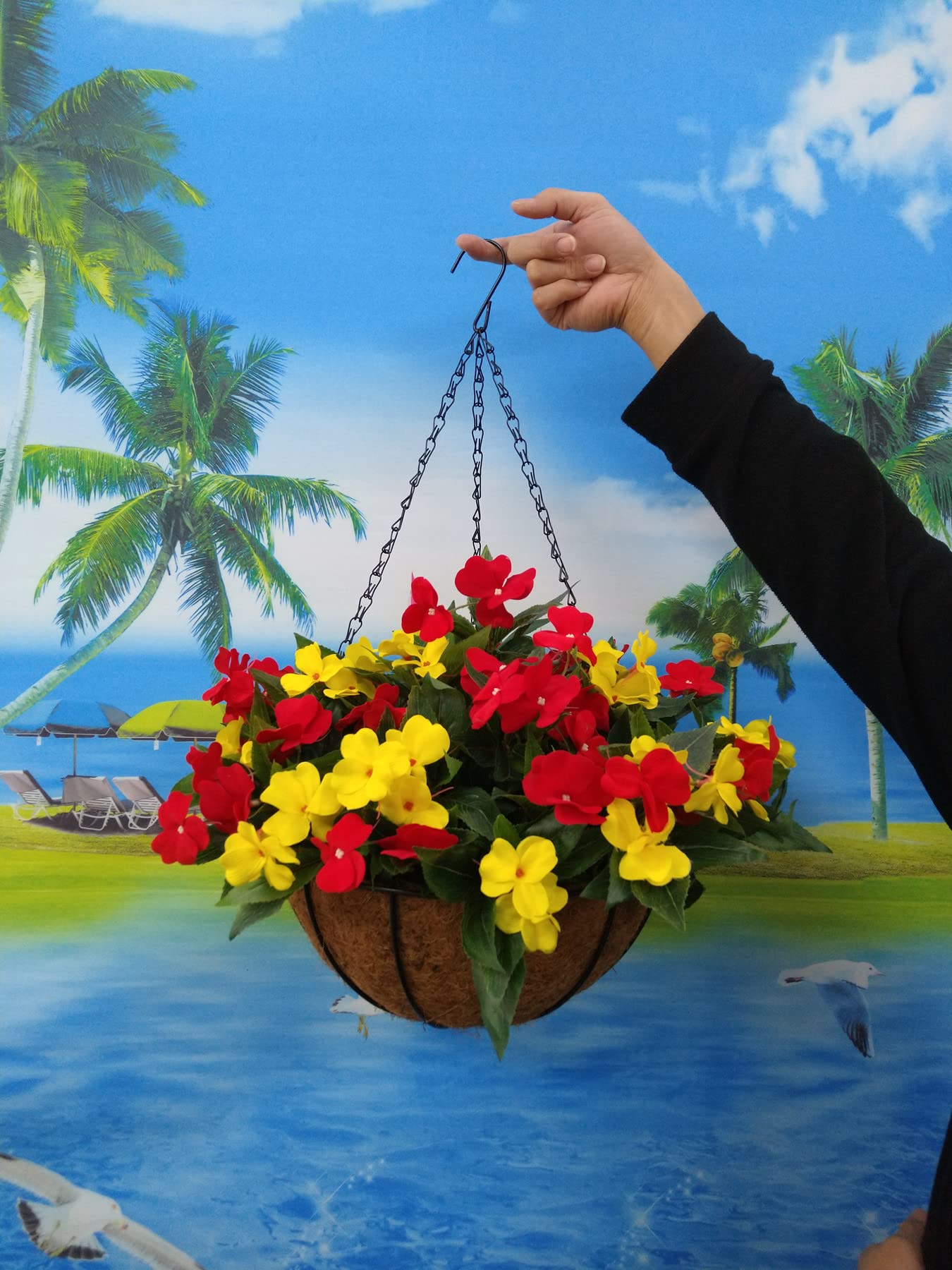 Cesto Appeso Con Fiori Artificiali Impatiens – Viola E Rosa, Per Balcone O Giardino
