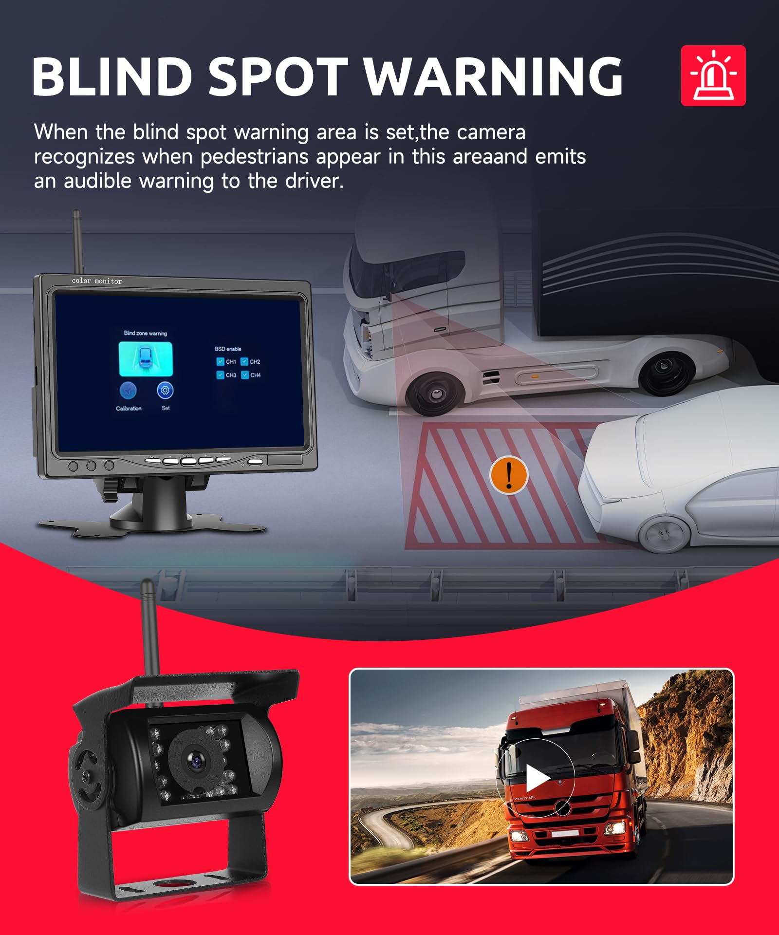 Inalámbrica Cámara de Marcha Atrás Kit con 7 Pulgadas Monitor, Cámara Trasera Visión Nocturna, IP68 Impermeable, BSD, Imagen Flip, Asistencia Inversa, para Camión/Bus/SUV/Remolque/Camper/Caravana