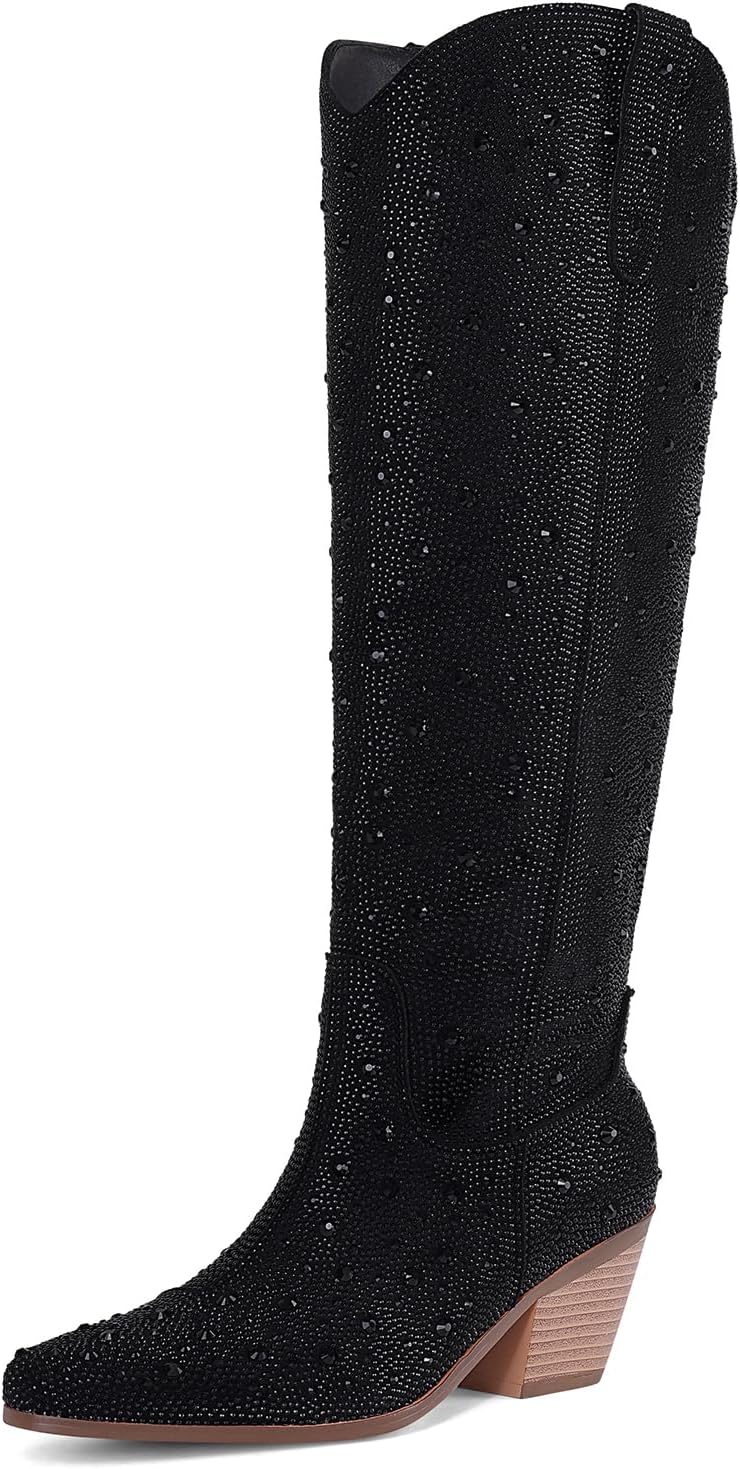 Cowgirl Ankle Boots Cowboy Boots for Women Western Booties Rhinestone Chunky Heel Fashion Comfortable Side Zipper