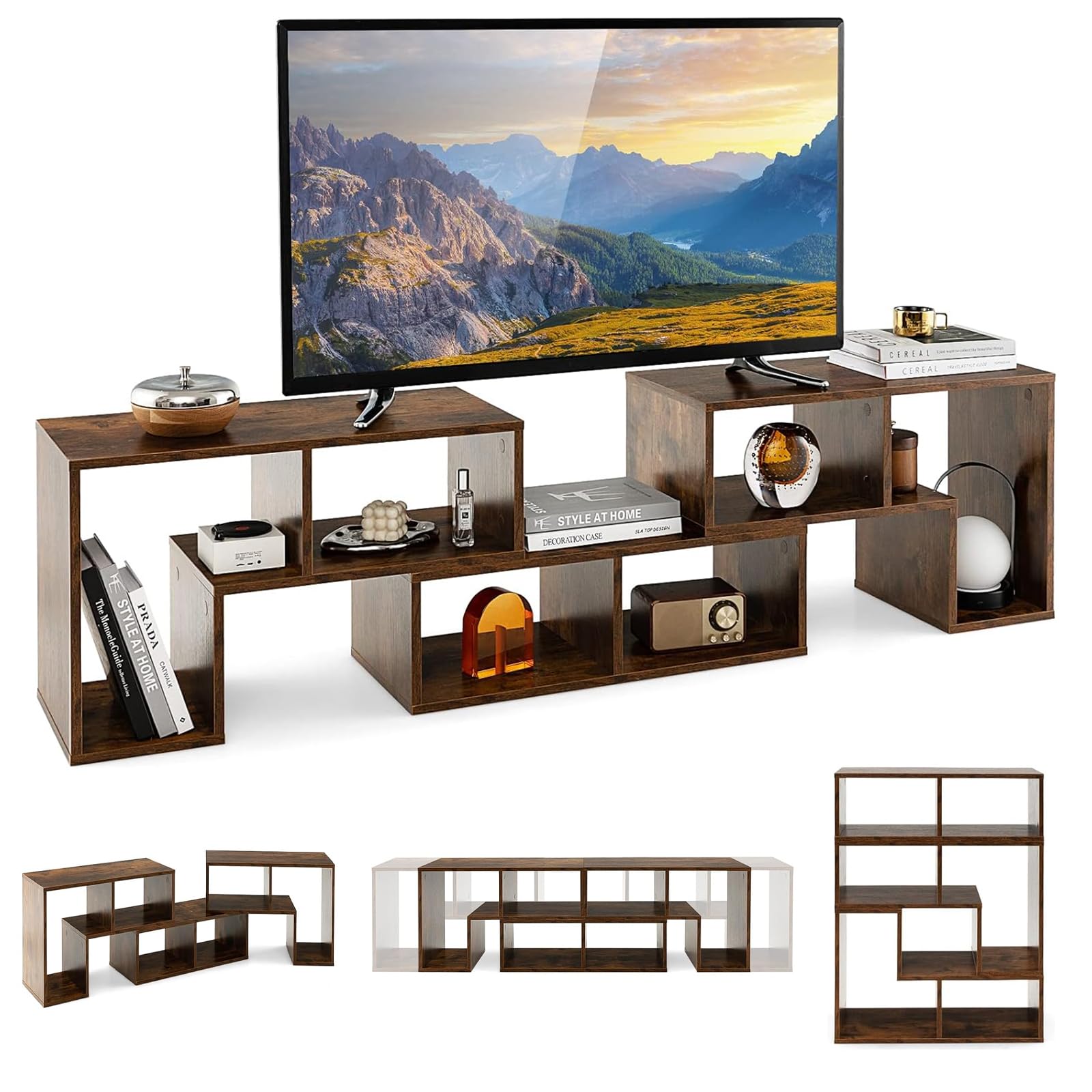 COSTWAY Consola de TV de 3 Piezas,Moderno Centro de Entretenimiento para Televisores 50-65 Pulgadas, Combinación de Librería para Almacenamiento y Exposición, Salón, Dormitorio y Estudio (marrón)