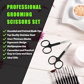 Facial Hair Small Grooming Scissors For Men Women - Eyebrow, Nose Hair, Mustache, Beard, Eyelashes, Ear Trimming Kit - Curved and Rounded Safety Tip Clippers For Hair Cutting- 2PCS Black