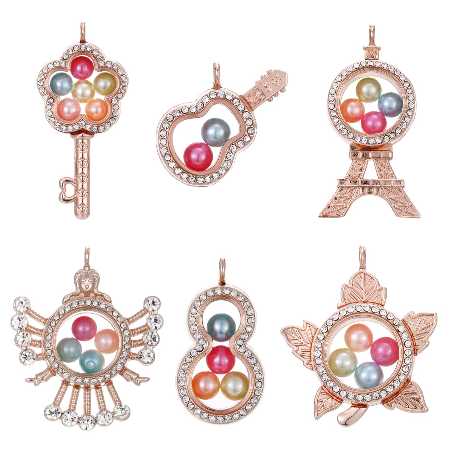 4pcs Mixed Silver Flower Eagle Floating Locket Living Memory Charms Set, Glass Lockets Pearl Cage Necklace Pendant Dangle DIY Jewelry Making Accessory, for Pearl Party Shows (A15)