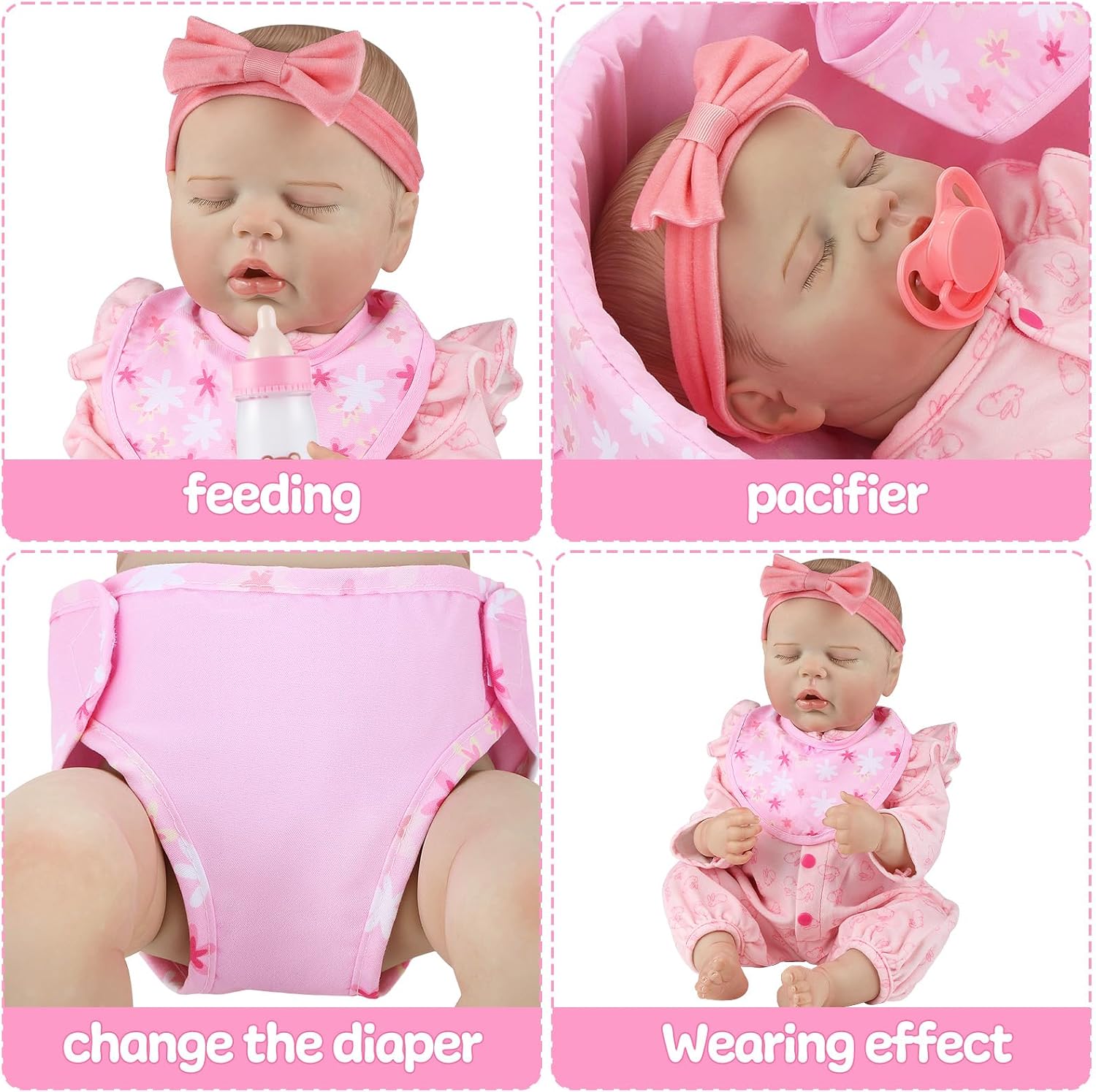 GAGAKU 18 Inch Doll Bassinet - Baby Doll Bed with Carry Handle & Pink Accessories Set for Girls & Kids, Reborn Baby Dolls Accessories