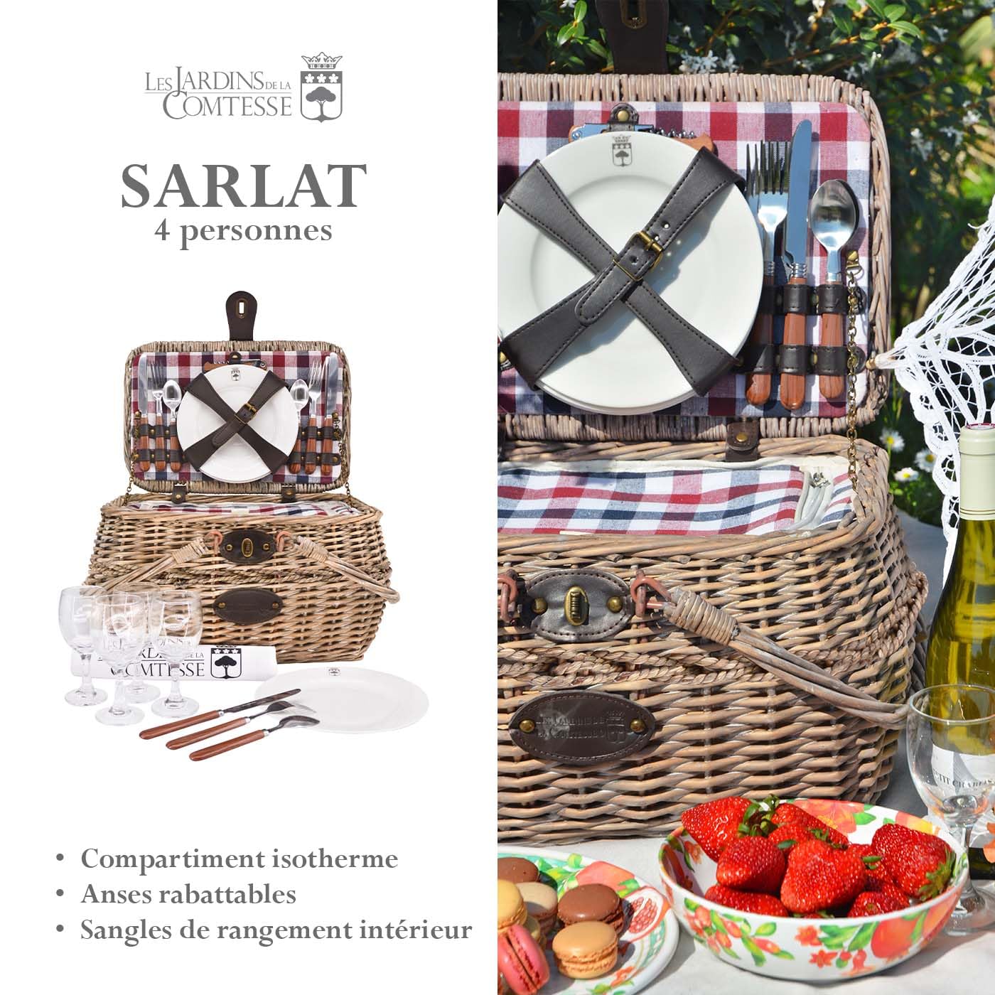 Les Jardins de la Comtesse Cesto da picnic Sarlat, Vimini, blu e vinaccia, 4000 g, 45 x 37 x 25 cm, stile campagna, scomparto isotermico, 17,5 l