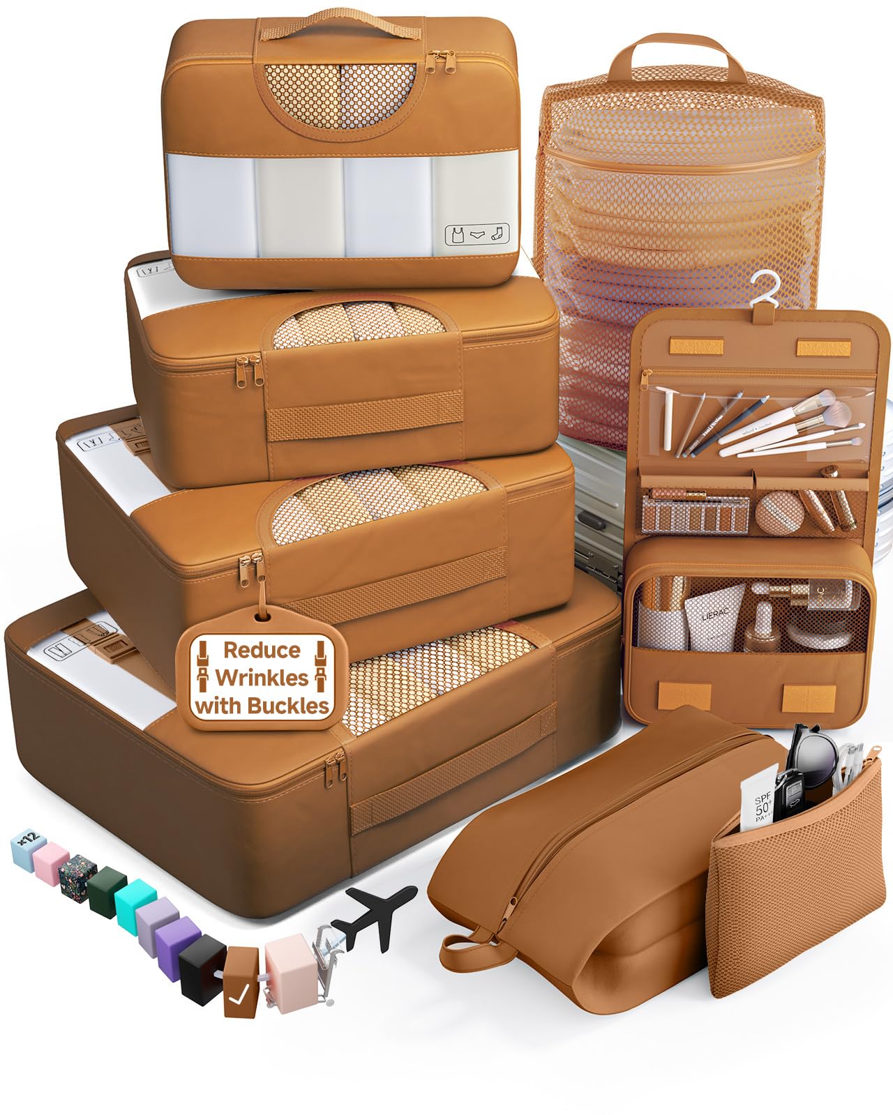 Veken 8 Set Packing Cubes for Travel Essentials,Anti-Wrinkle Buckled Suitcase Organizer for Shoe &amp; Toiletry Bag,Carry On Luggage Bag with 99+ Count Mesh Holes for Airplane &amp; College Dorm Accessories