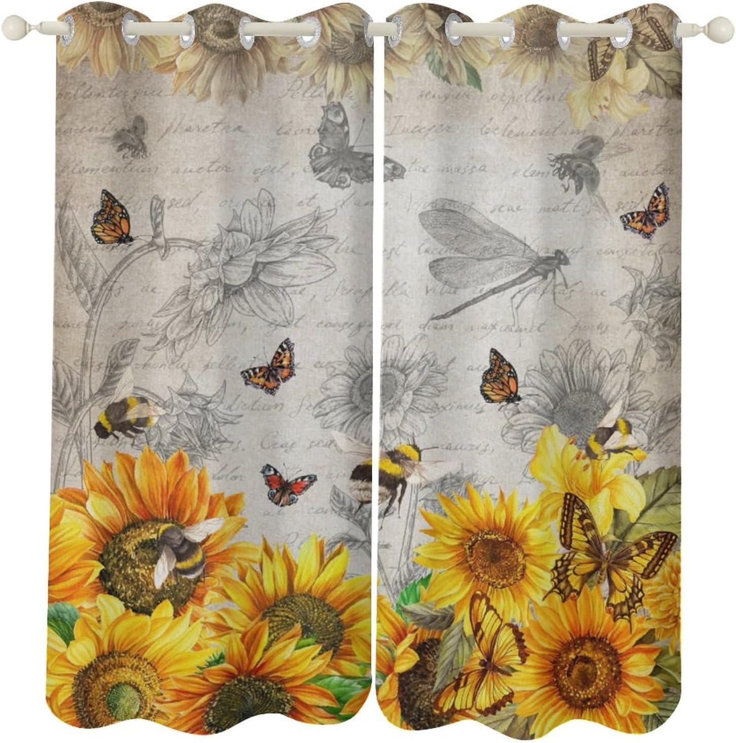Sunflowers Curtains, Vintage Newspaper Yellow Flowers Butterfly Pattern Decor Window Treatments, Grommet Thermal Insulation Drapes for Kitchen Bedroom, 63x63inch (2 Panels)