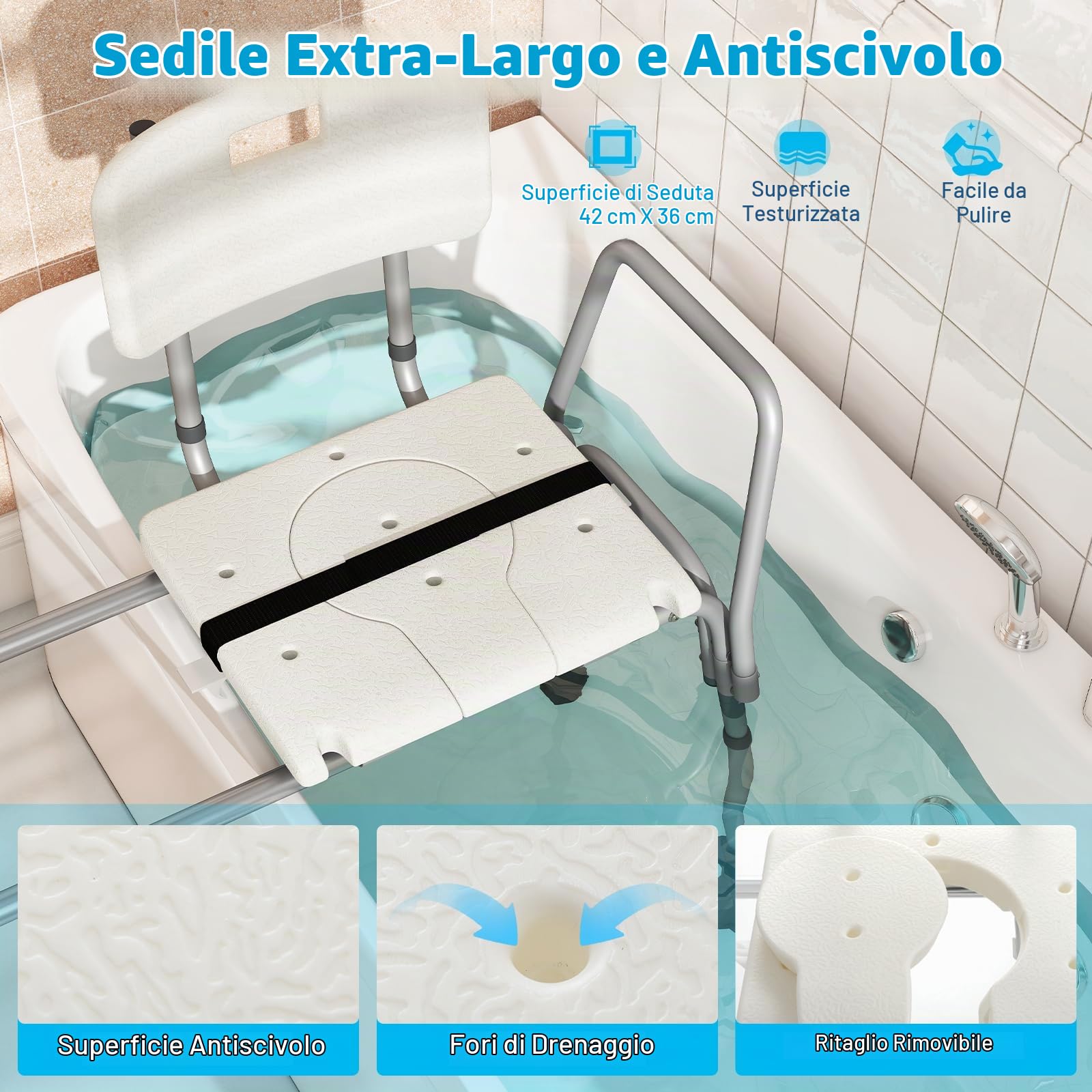 HOMASIS Sedia per Vasca da Bagno per Anziani, Sedile Vasca da Bagno Scorrevole e Regolabile in Altezza, Sedile per Doccia con Cinture di Sicurezza, Capacità di 160 kg, Seggiolino per Disabili
