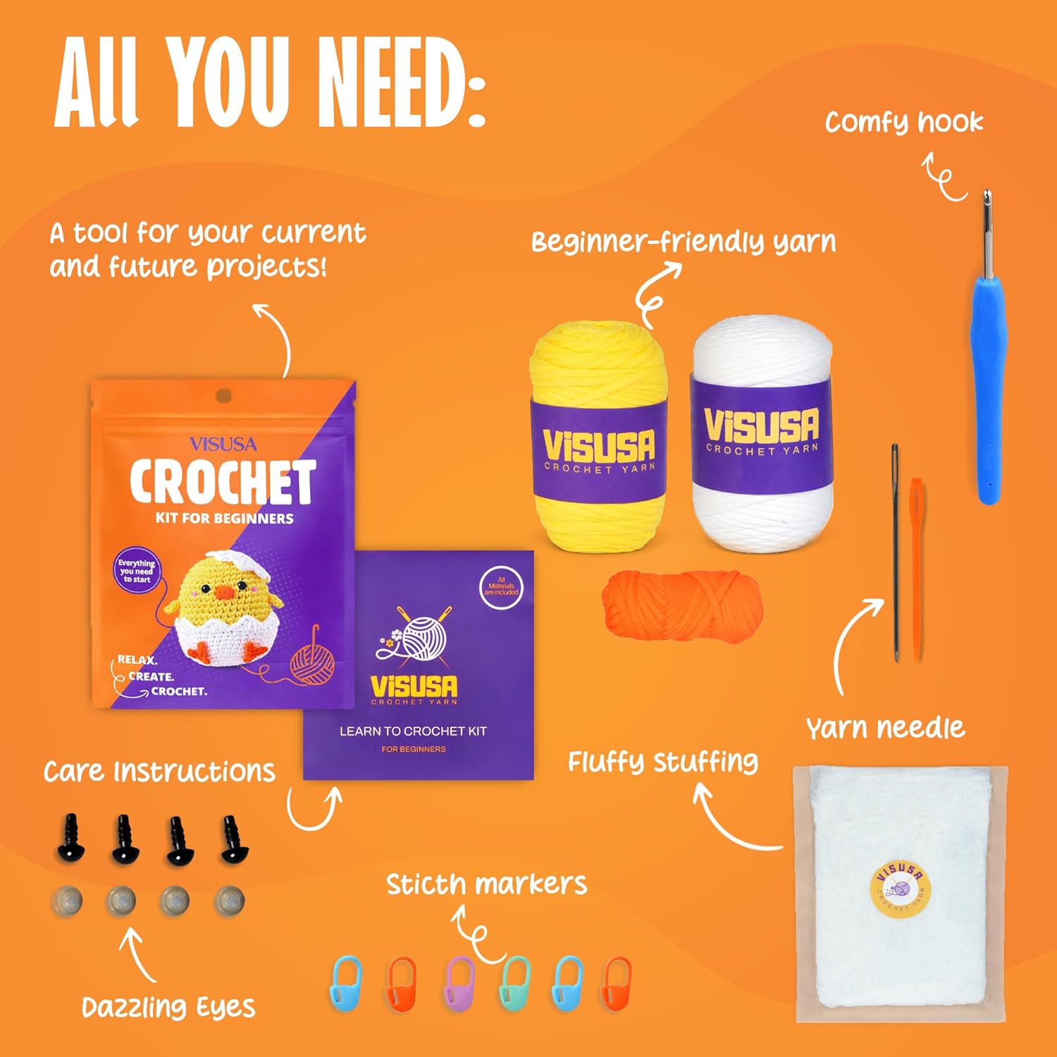 Visusa Crochet Kit for Beginners – Learn to Crochet Animal Kit– Yellow Chick Amigurumi Set- Easy DIY Crochet & Knitting Starter Set with Video and PDF Tutorials- Perfect Crochet Gifts for Starters.