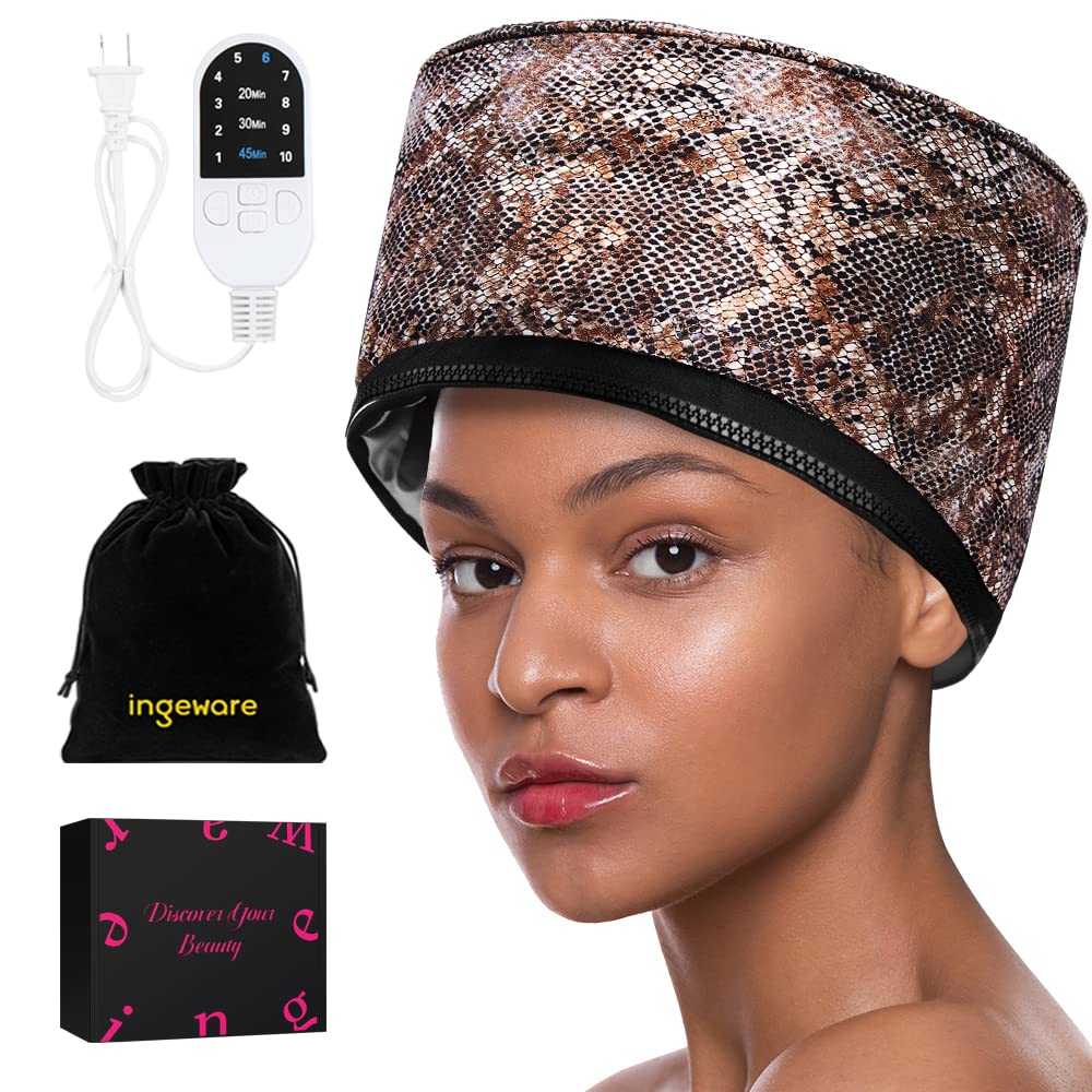 Heat Cap for Deep Conditioning, Ingeware Thermal Cap for Hair Steamer Cap for Natural Hair Portable Electric Heat Hair Spa Cap for Home Use Pattern (Snake Skin)