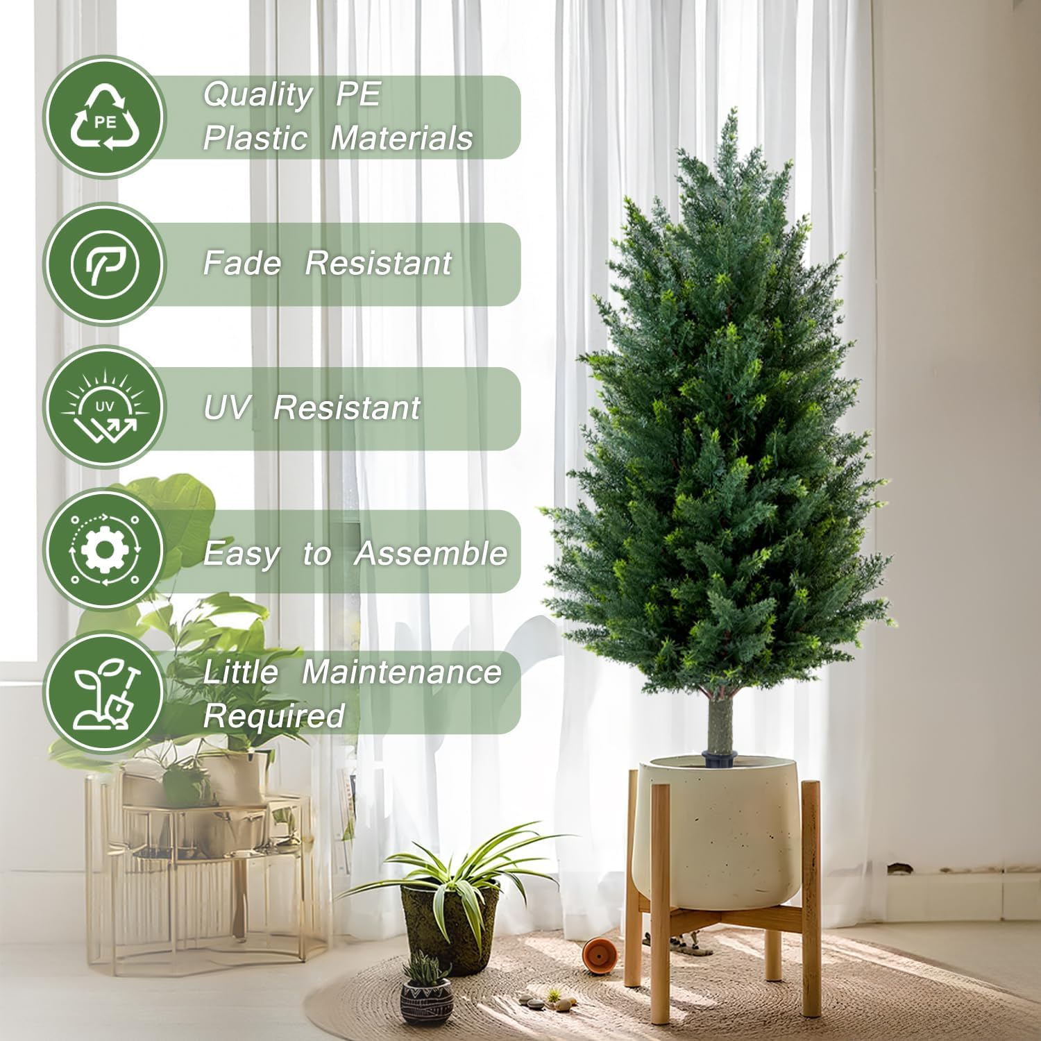 Pair Artificial Cedar Topiary Trees, 3ft UV-Resistant Faux Cypress shrubs w/Ground Spikes (Including Lights),Tall Evergreen Decorative Plants for Outdoor & Indoor Porch, Patio, and Garden