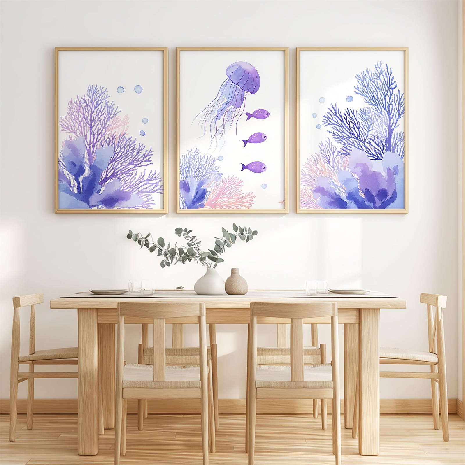 Générique 3 Plakat Dekoracja Ścienna Akwarela Ocean, Duży Plakat Ścienny Minimalistyczny Świeże Świeże Zwierzę Koral Meduza Pokojowe Obrazy Na Korytarz Bankiety Kuchnia, 40 x 50 cm