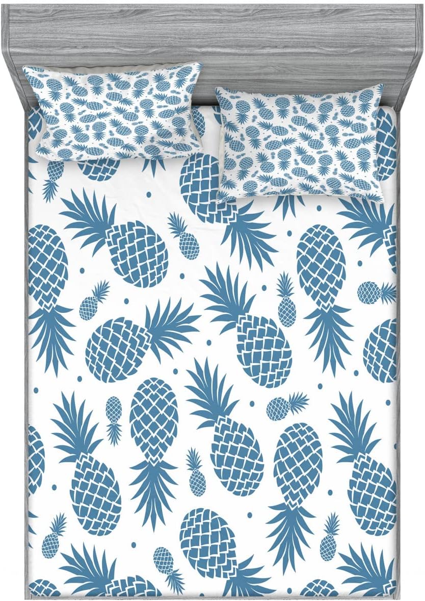 Ambesonne Blue 2 Pack Fitted Sheet & Pillow Sham Set, Tropical Fruit Pineapple, 4 Pcs Bedding Decor, Package Contains 2 Queen Size Fitted Sheets & 4 Pillow Covers, Blue White