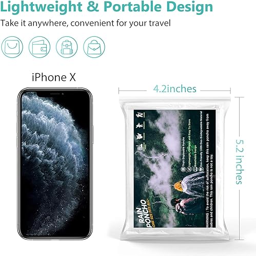 Miniatura 7 de Ponchos de lluvia desechables para adultos, plástico impermeable y capucha con cordón, transparente