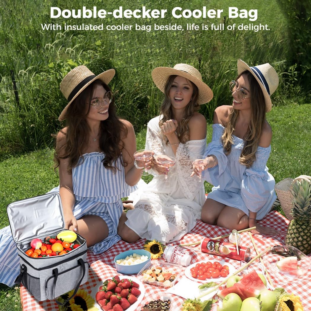 Bolsa térmica plegable aislada, bolsa de almuerzo a prueba de fugas, impermeable, duradera, portátil de doble piso, bolsa térmica grande para camping, picnic, playa, viajes