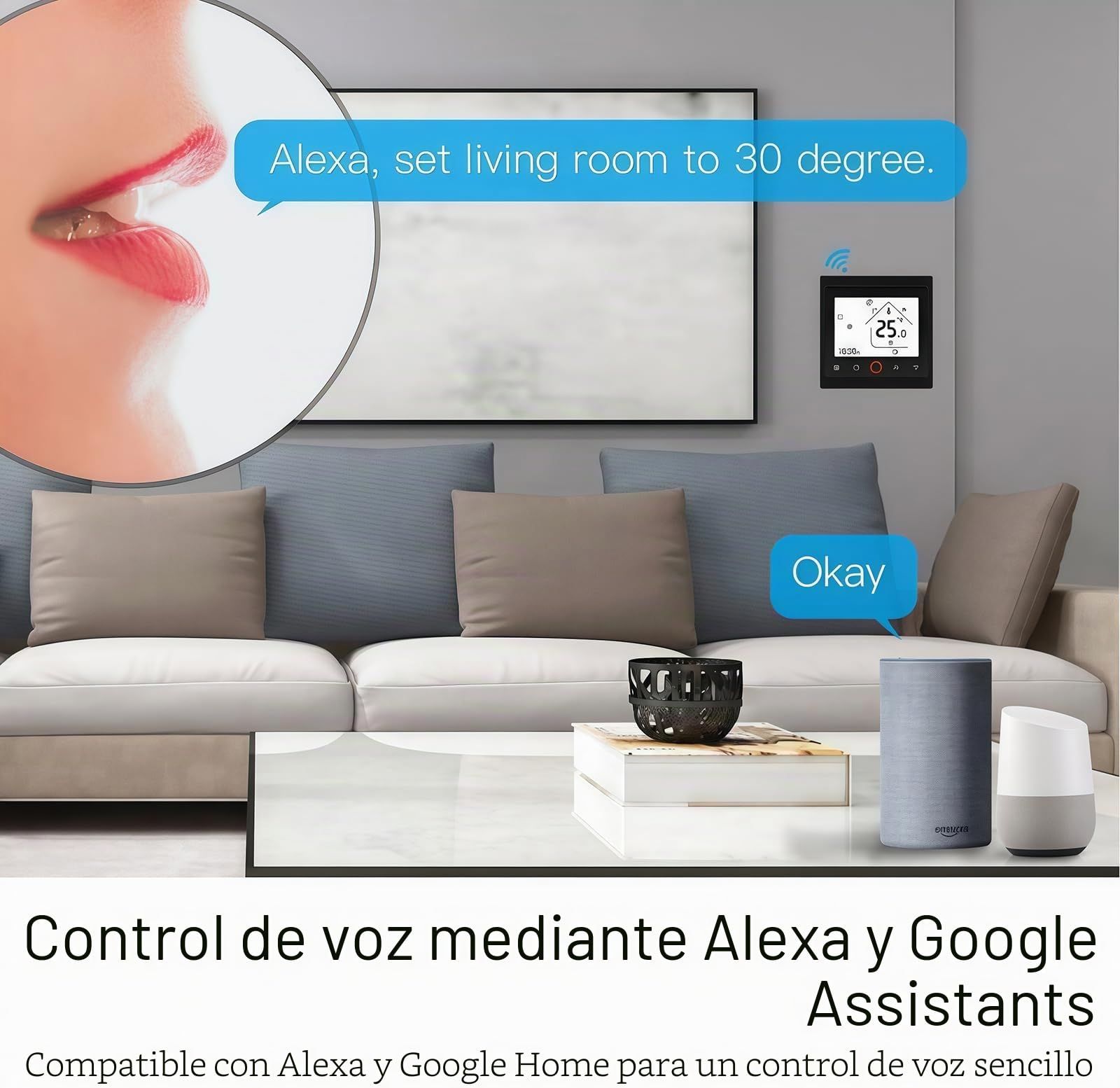 002 Serie Wi-Fi Termostato - Termostato con Pantalla Táctil Programable para Calefacción o Aire Acondicionado - Control Remoto Desde Teléfono Móvil Compatible con Alexa, Google Home e IFTTT