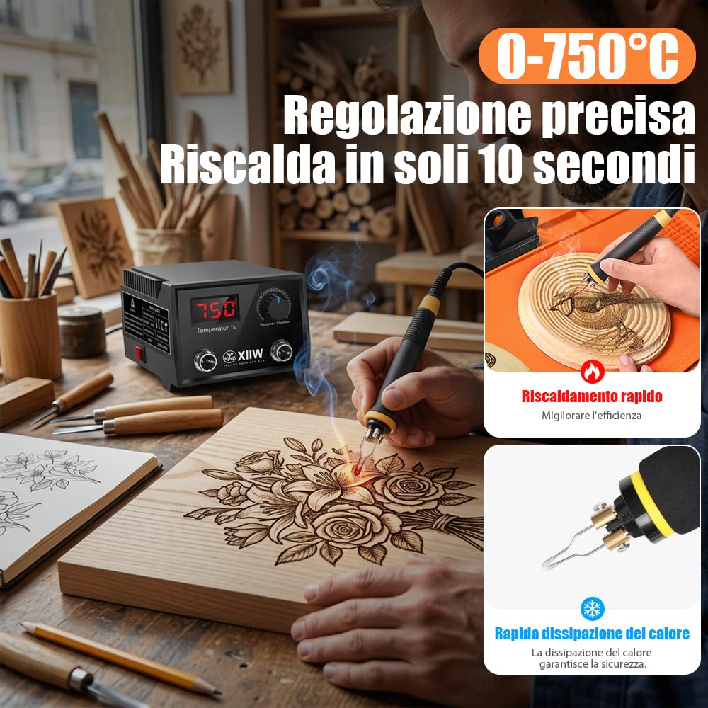 XIIW Kit Professionale Pirografo per Legno 100W con Doppia Penna, 23 Punte, Display LCD, Temperatura Regolabile 0-750°C, Strumento per Pirografia su Legno e Pelle